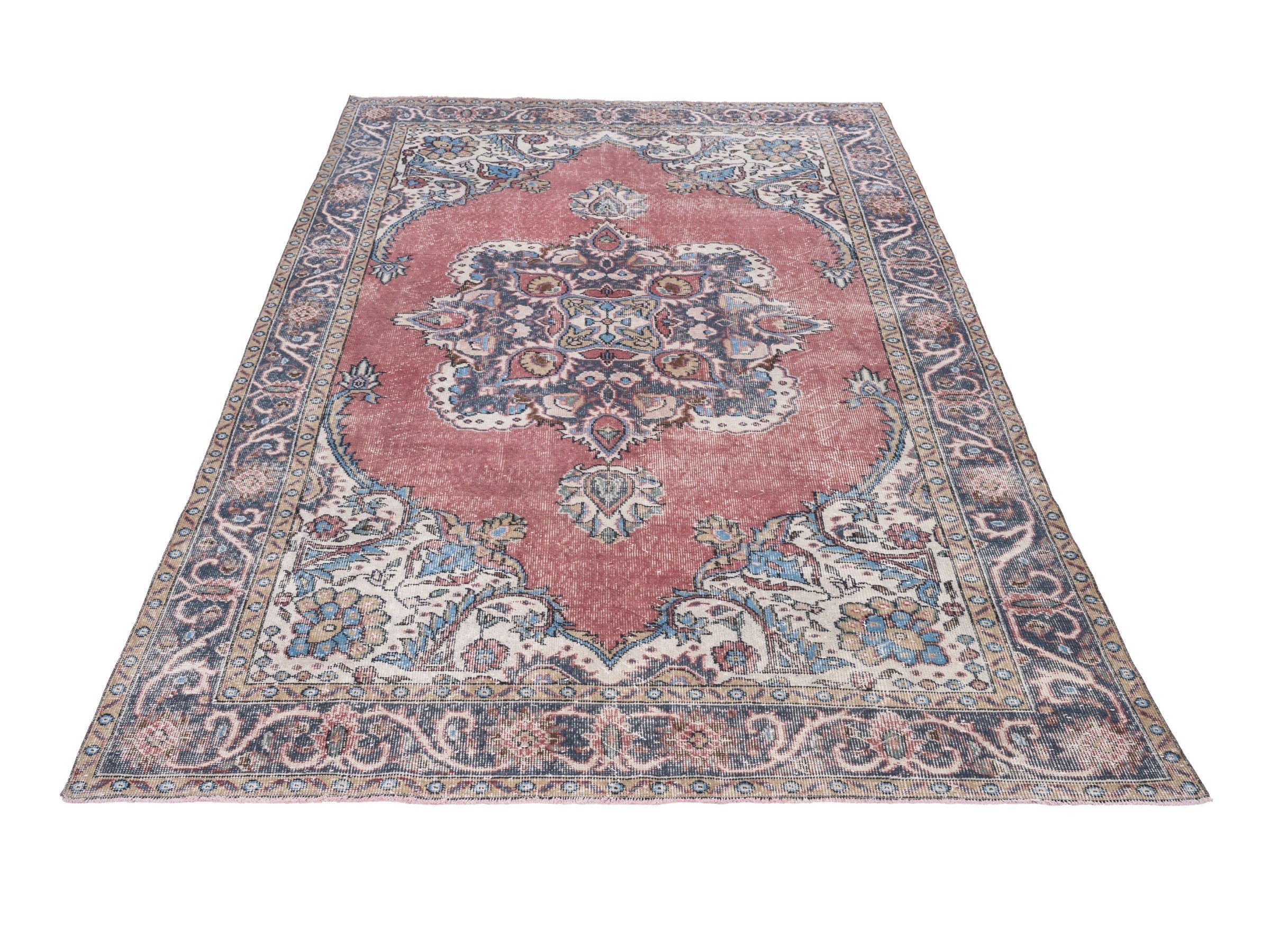 Turkish Isparta area rug in dusty rose and navy, view 2 of 10