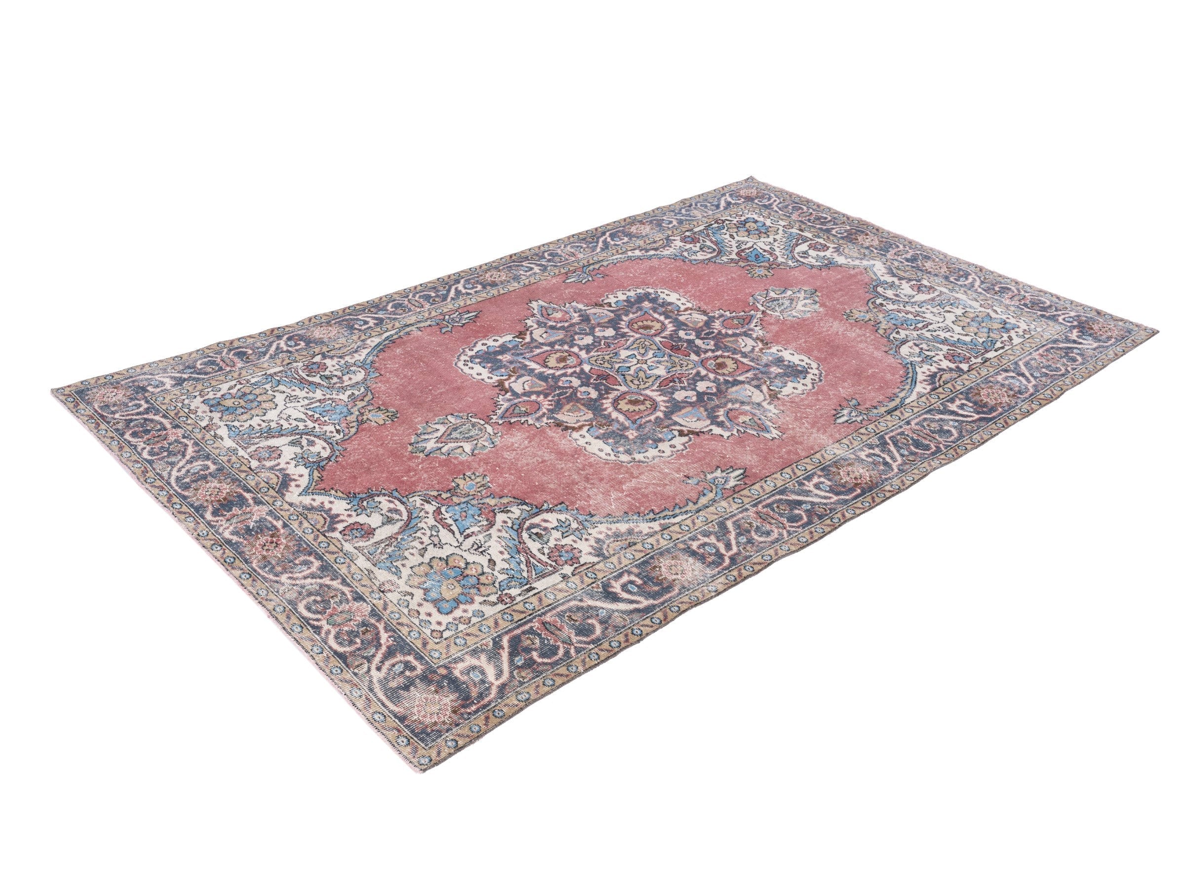 Turkish Isparta area rug in dusty rose and navy, view 3 of 10