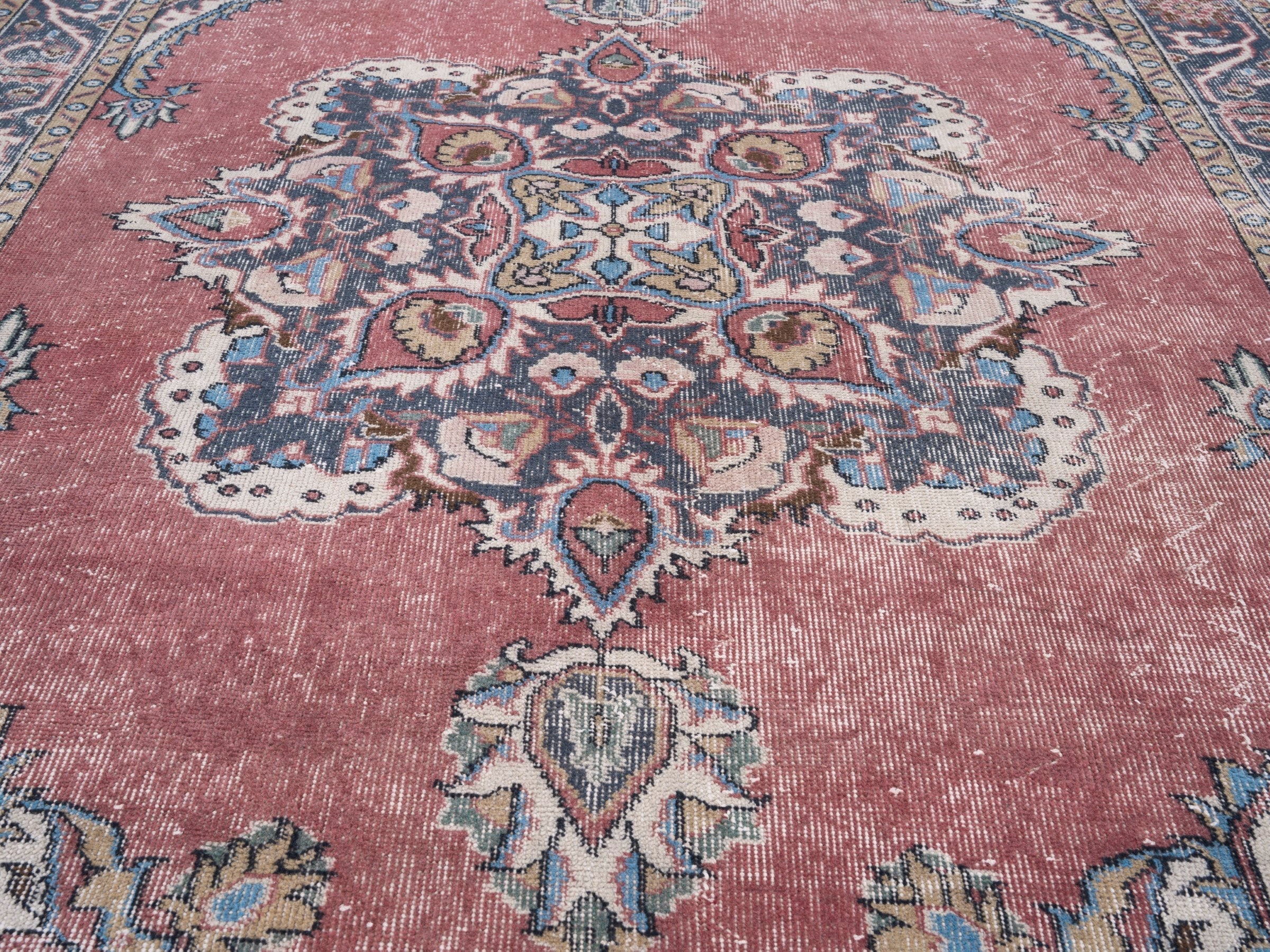 Turkish Isparta area rug in dusty rose and navy, view 4 of 10