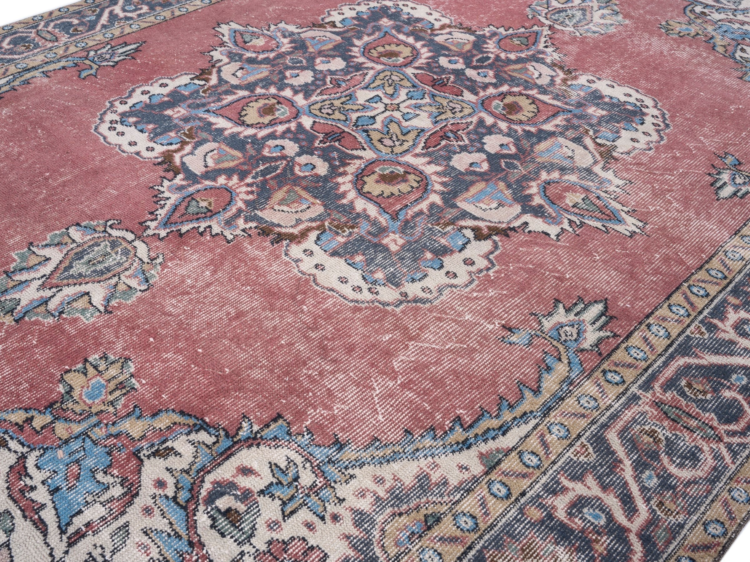 Turkish Isparta area rug in dusty rose and navy, view 5 of 10