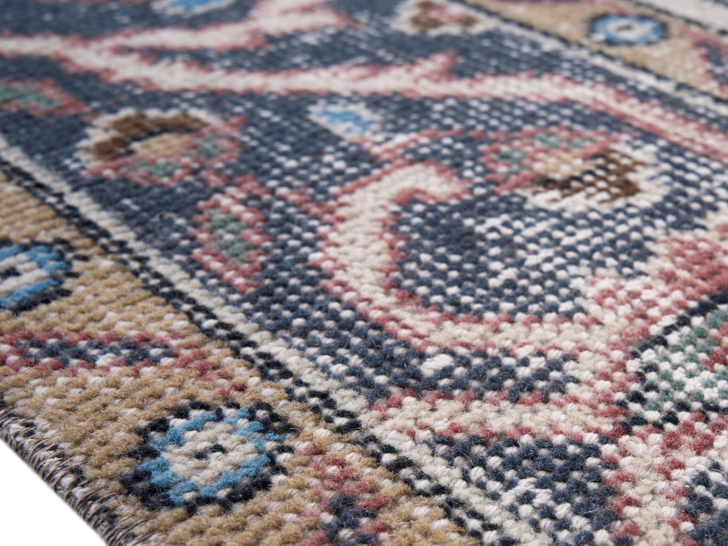 Turkish Isparta area rug in dusty rose and navy, view 6 of 10