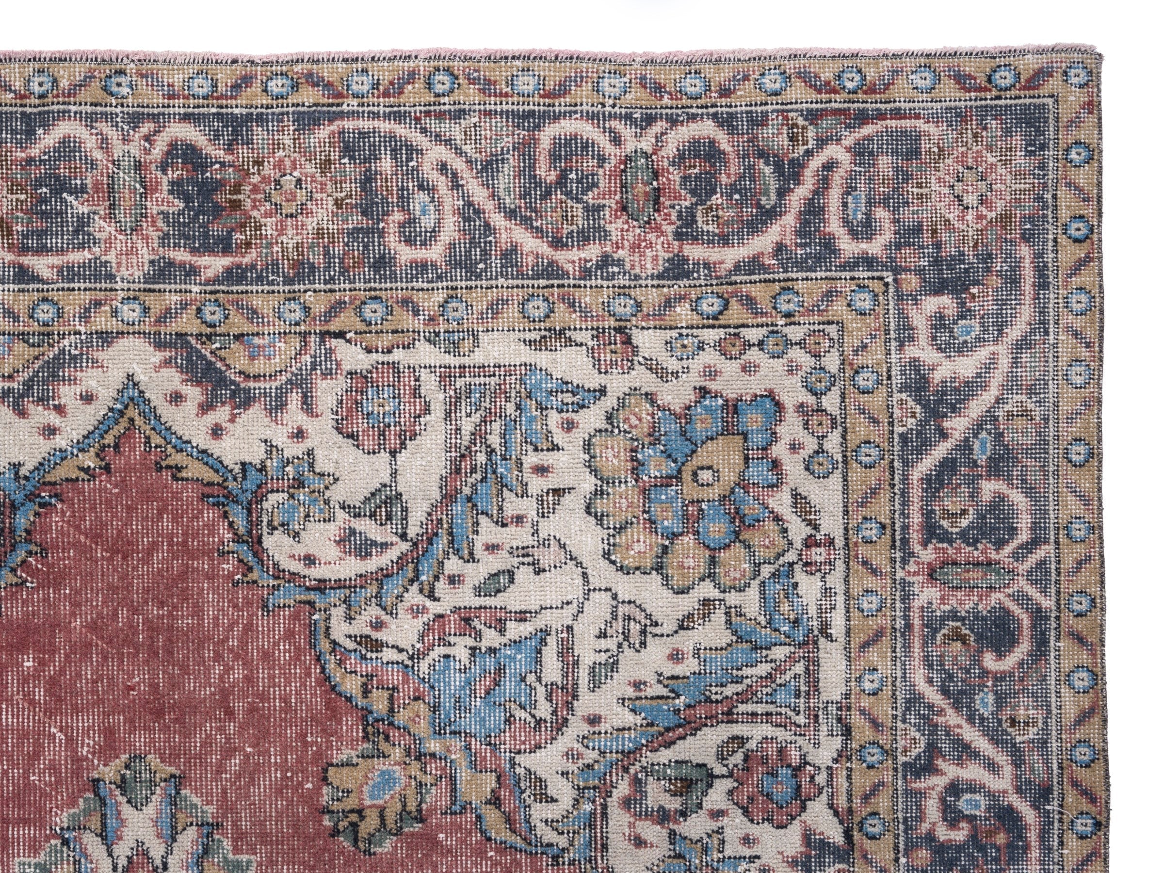 Turkish Isparta area rug in dusty rose and navy, view 8 of 10