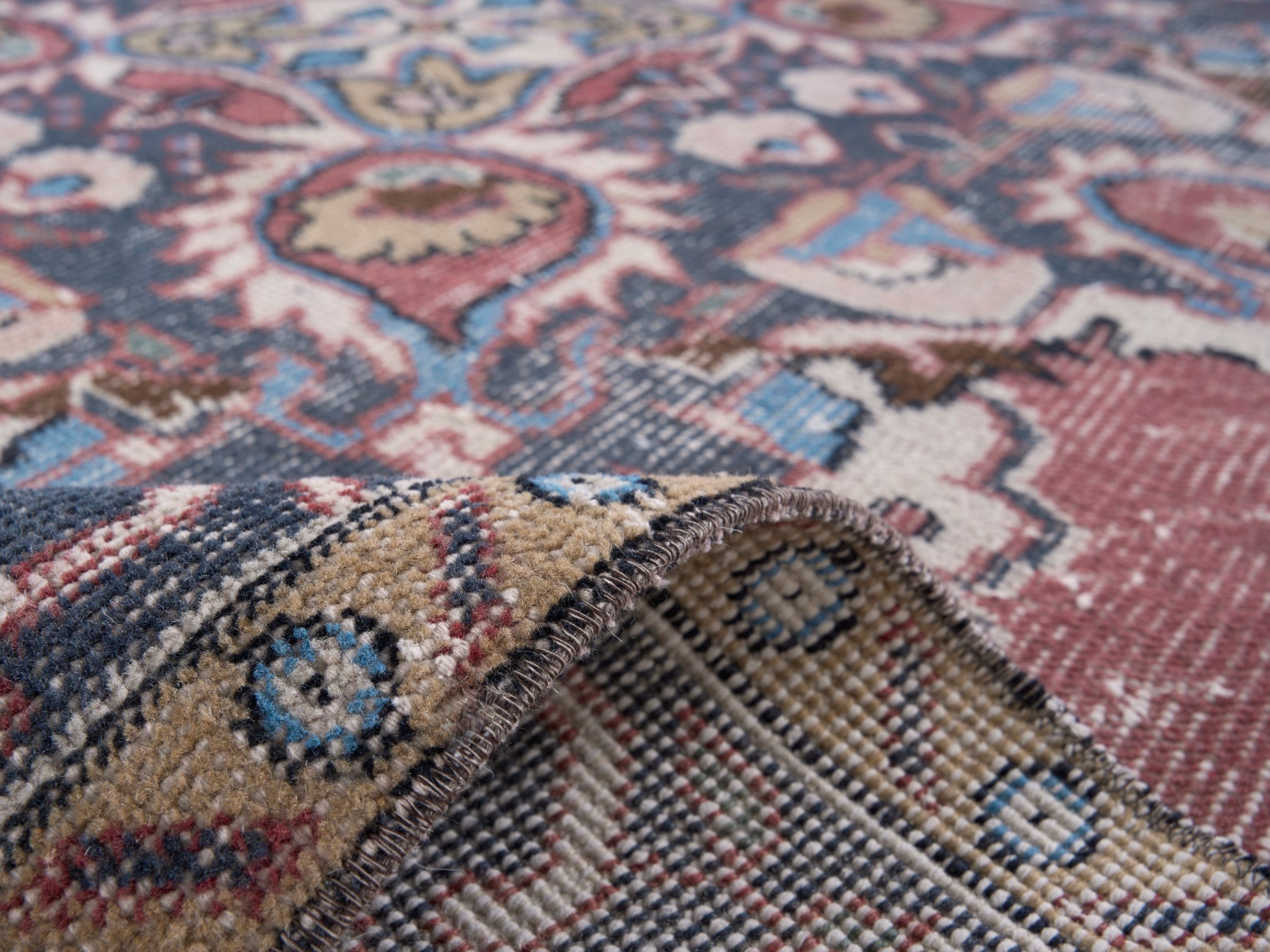 Turkish Isparta area rug in dusty rose and navy, view 9 of 10