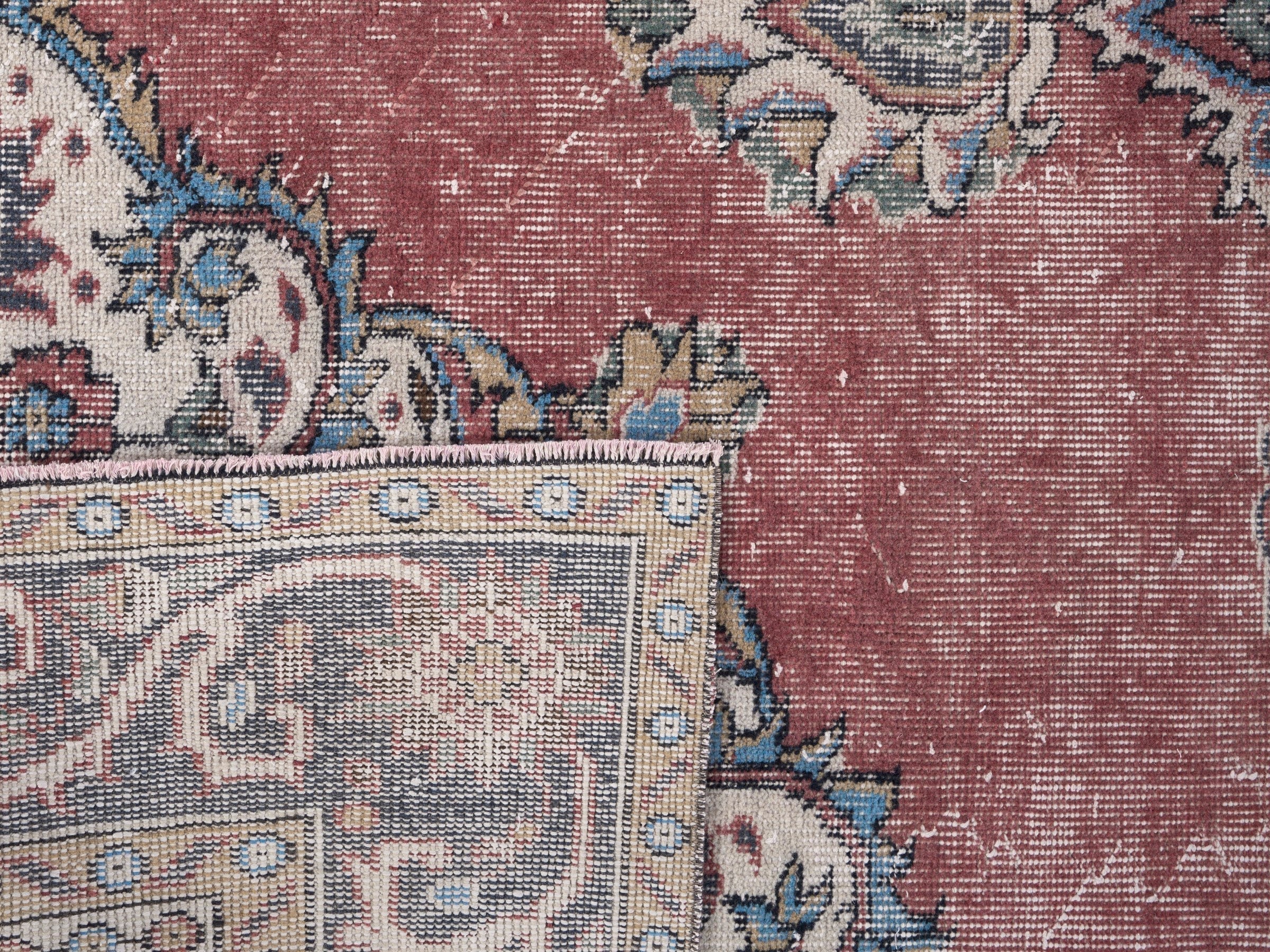 Turkish Isparta area rug in dusty rose and navy, view 10 of 10