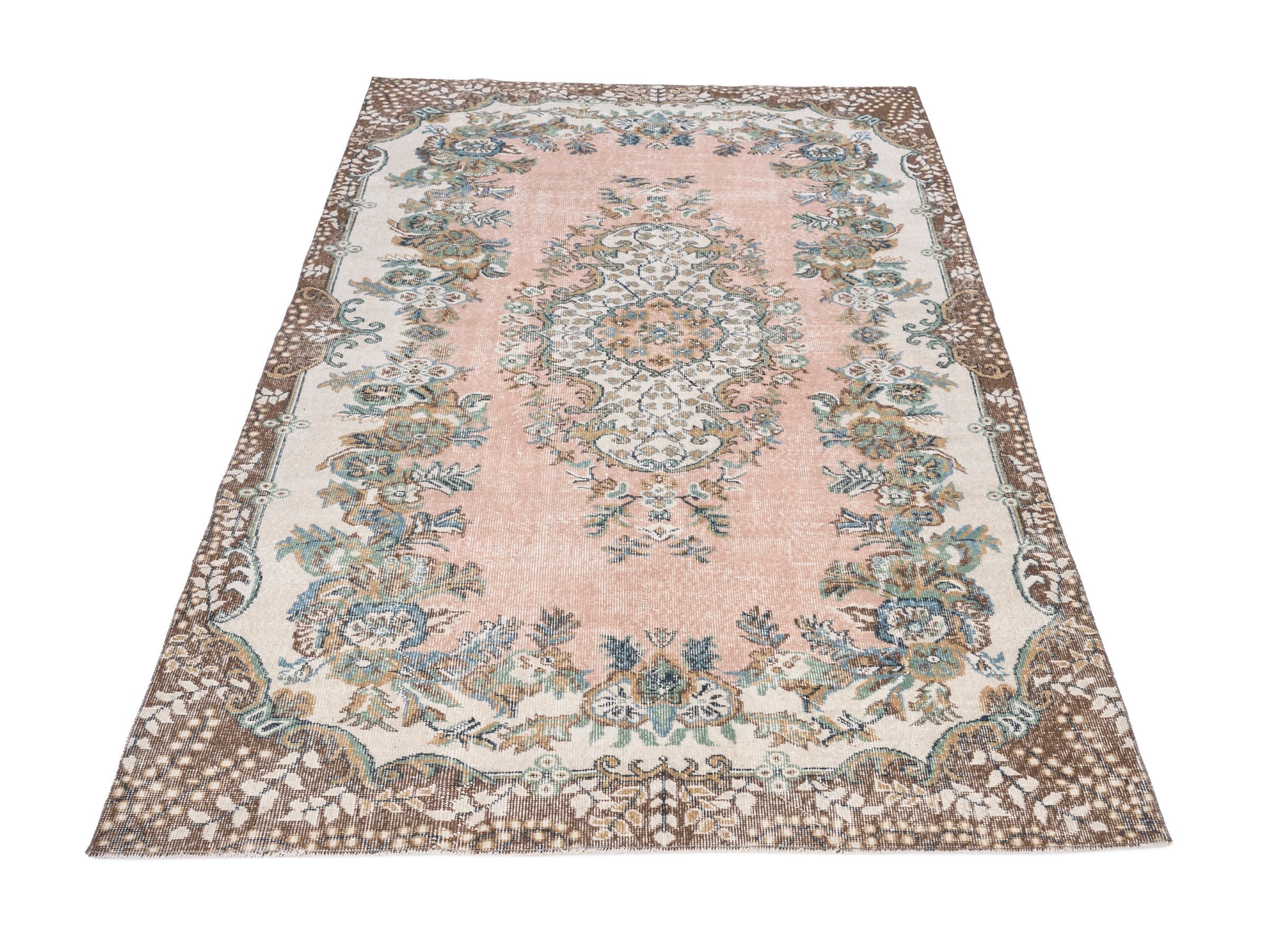 Turkish Isparta area rug in muted pink and cream, view 2 of 10