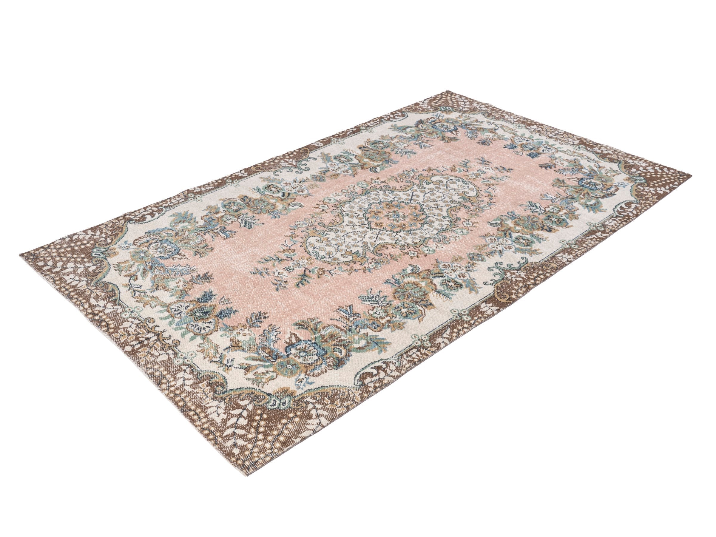 Turkish Isparta area rug in muted pink and cream, view 3 of 10
