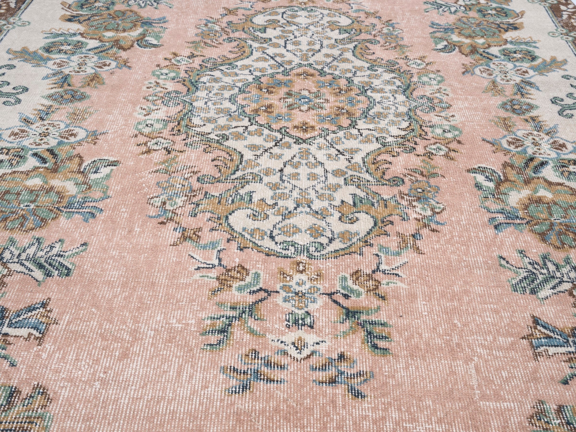 Turkish Isparta area rug in muted pink and cream, view 4 of 10