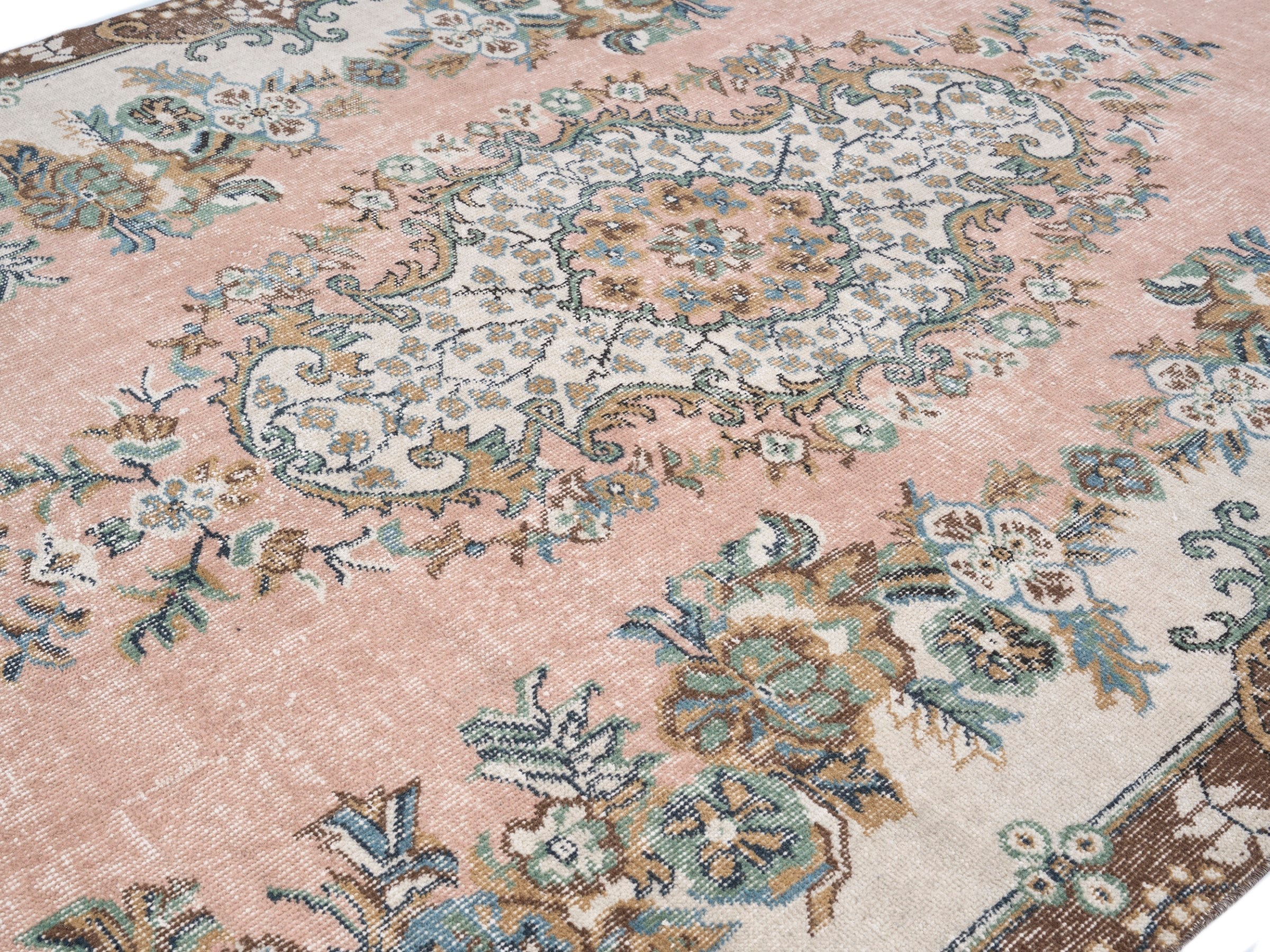 Turkish Isparta area rug in muted pink and cream, view 5 of 10