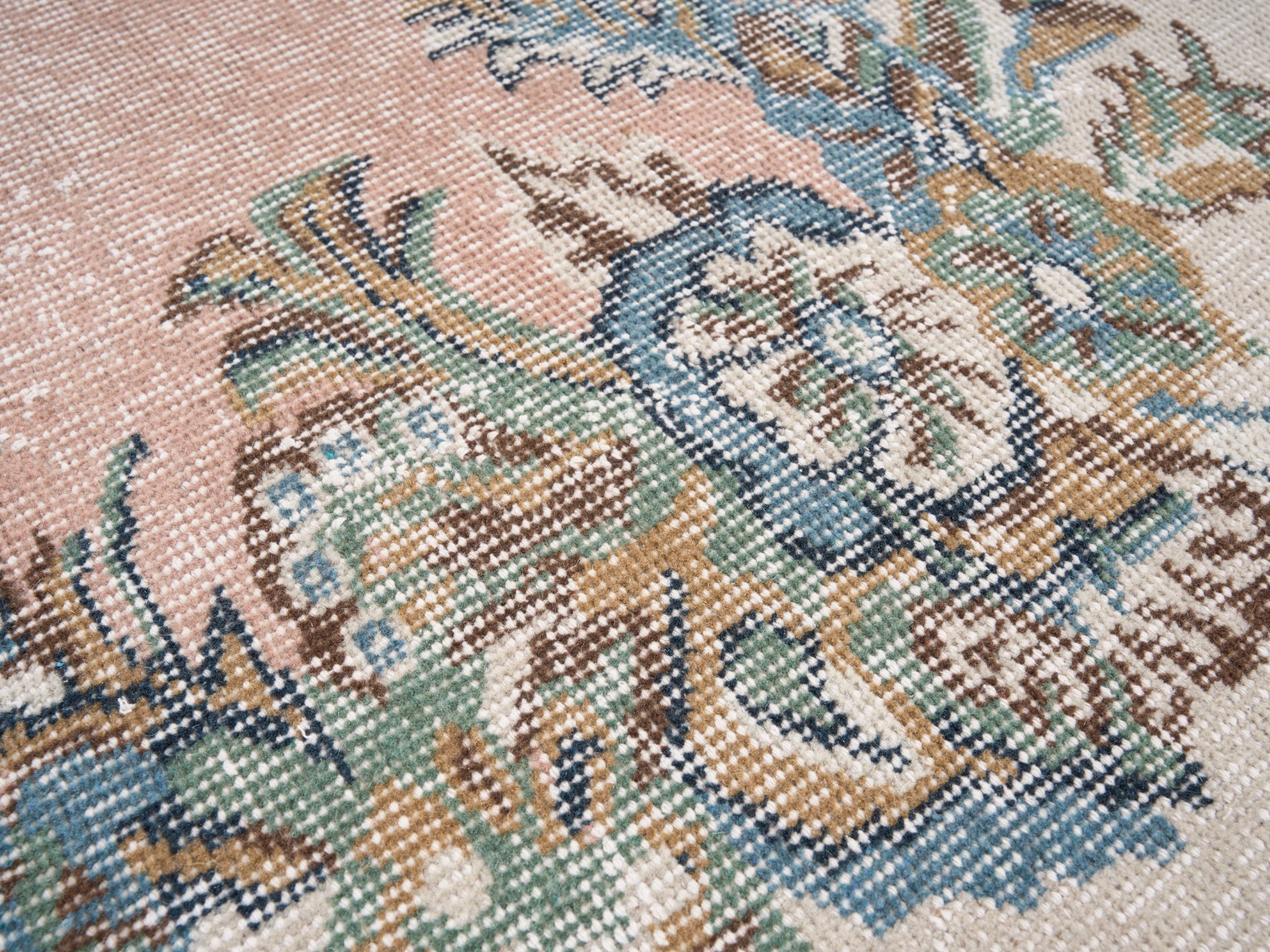 Turkish Isparta area rug in muted pink and cream, view 7 of 10