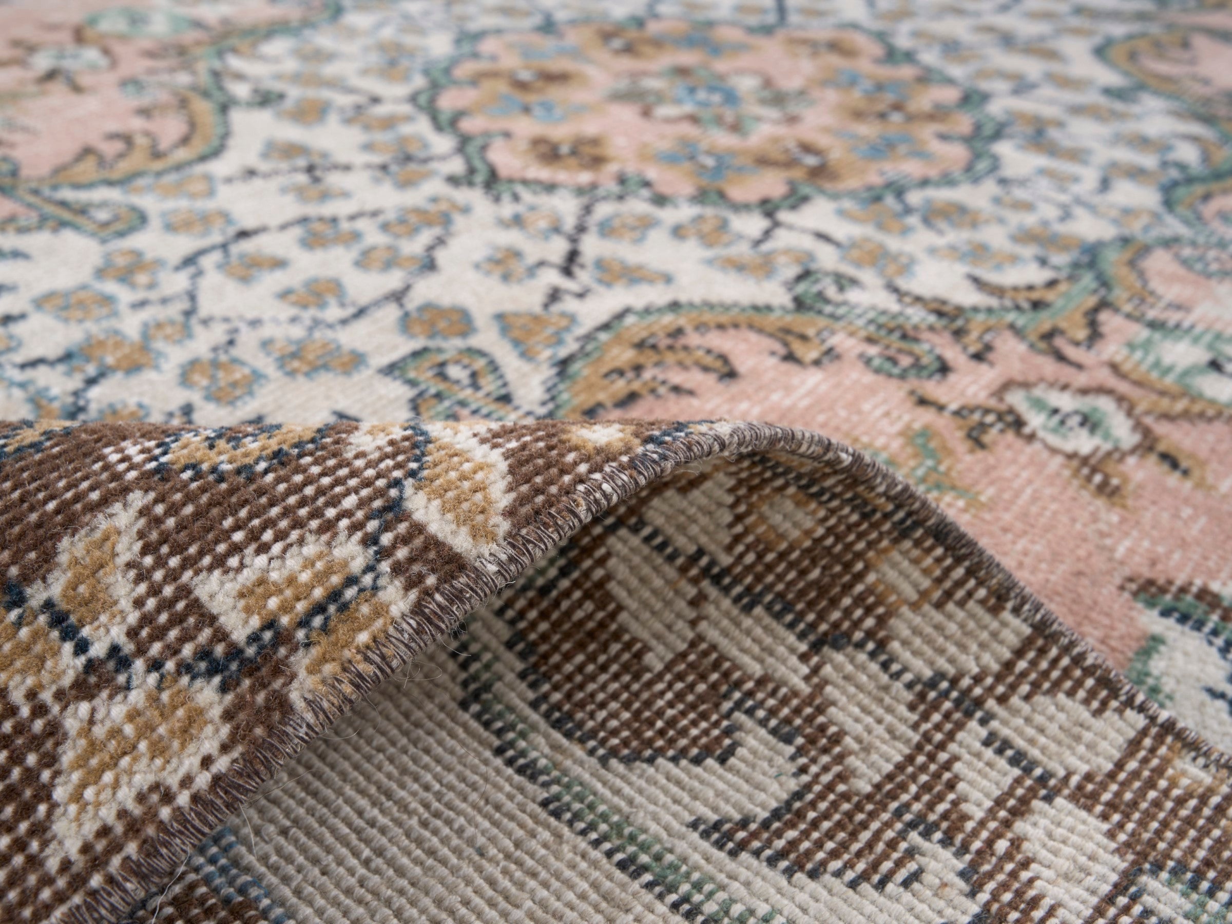 Turkish Isparta area rug in muted pink and cream, view 9 of 10