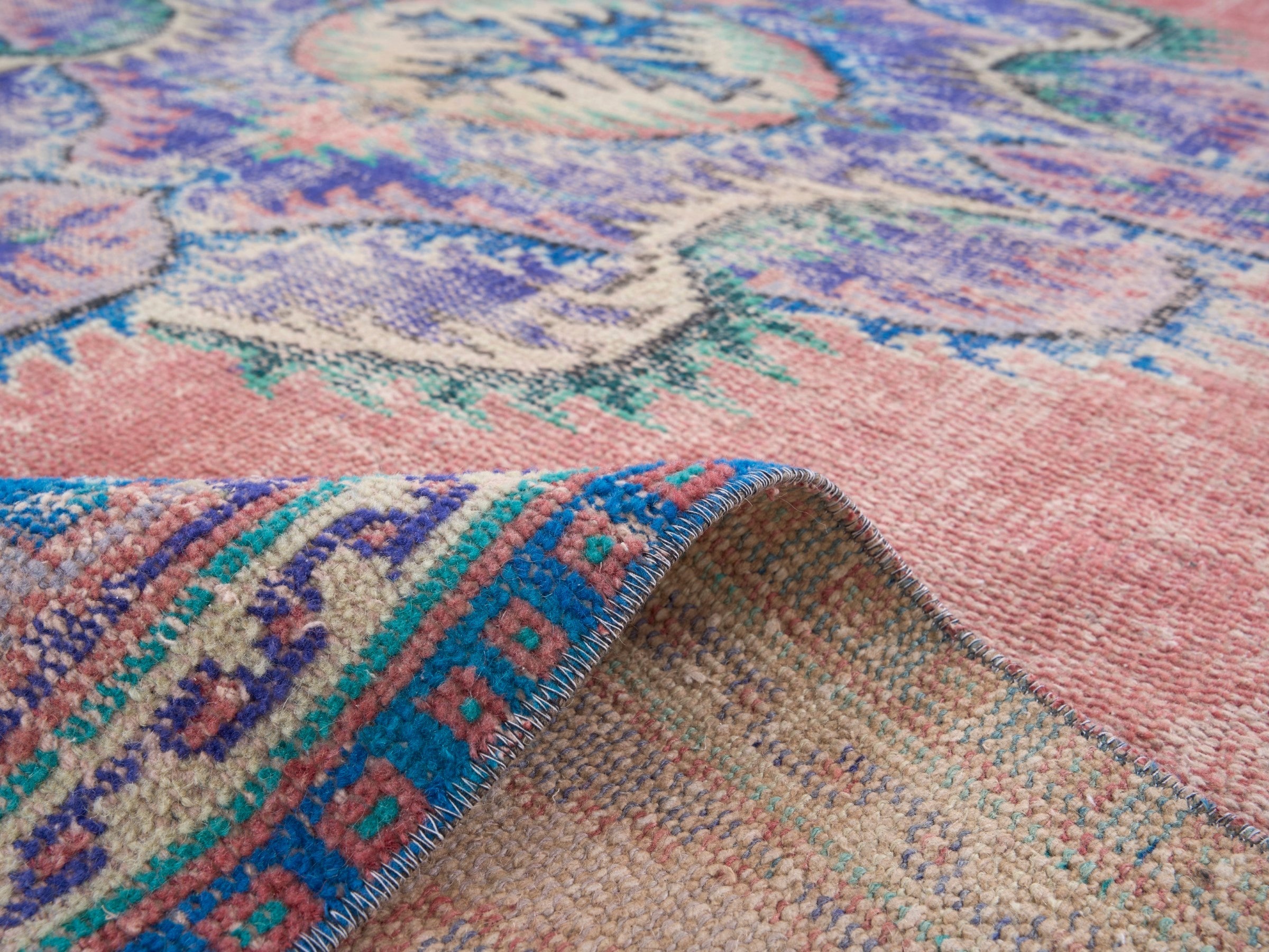 Turkish Manisa area rug in dusty rose and plum, view 9 of 10