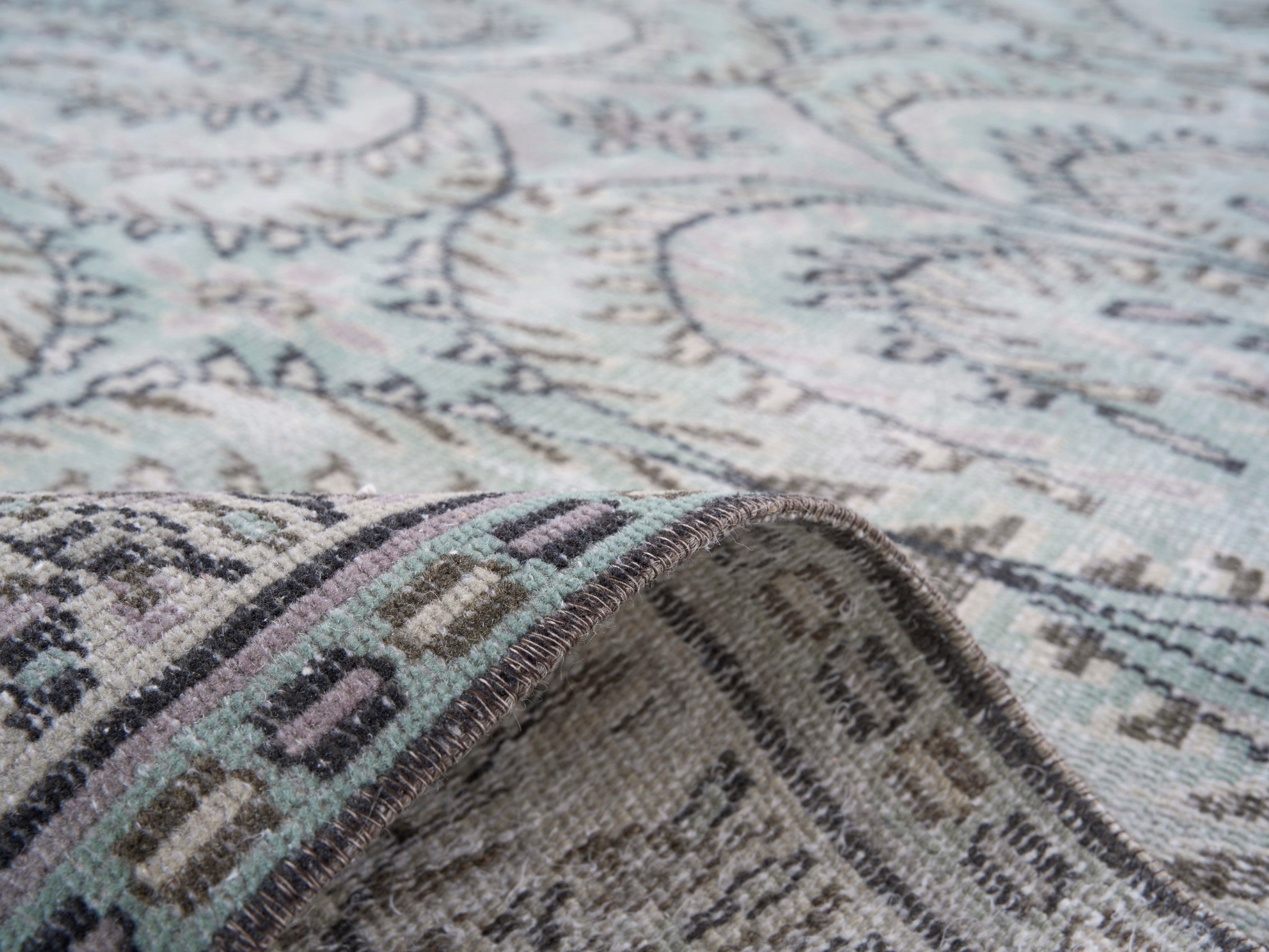 Turkish Manisa area rug in ivory and celadon, view 9 of 10
