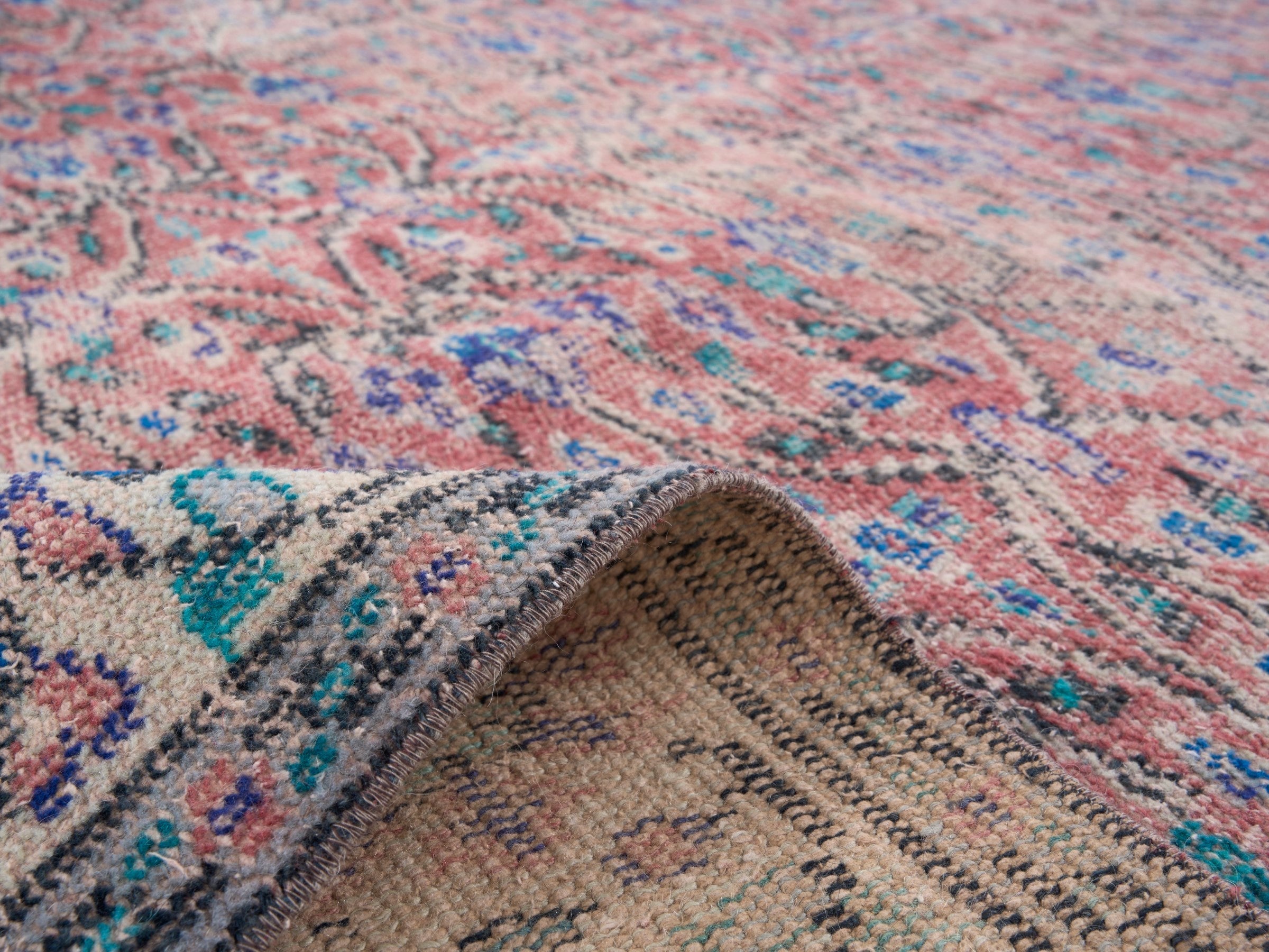 Turkish Isparta area rug in muted pink and cream, view 9 of 10