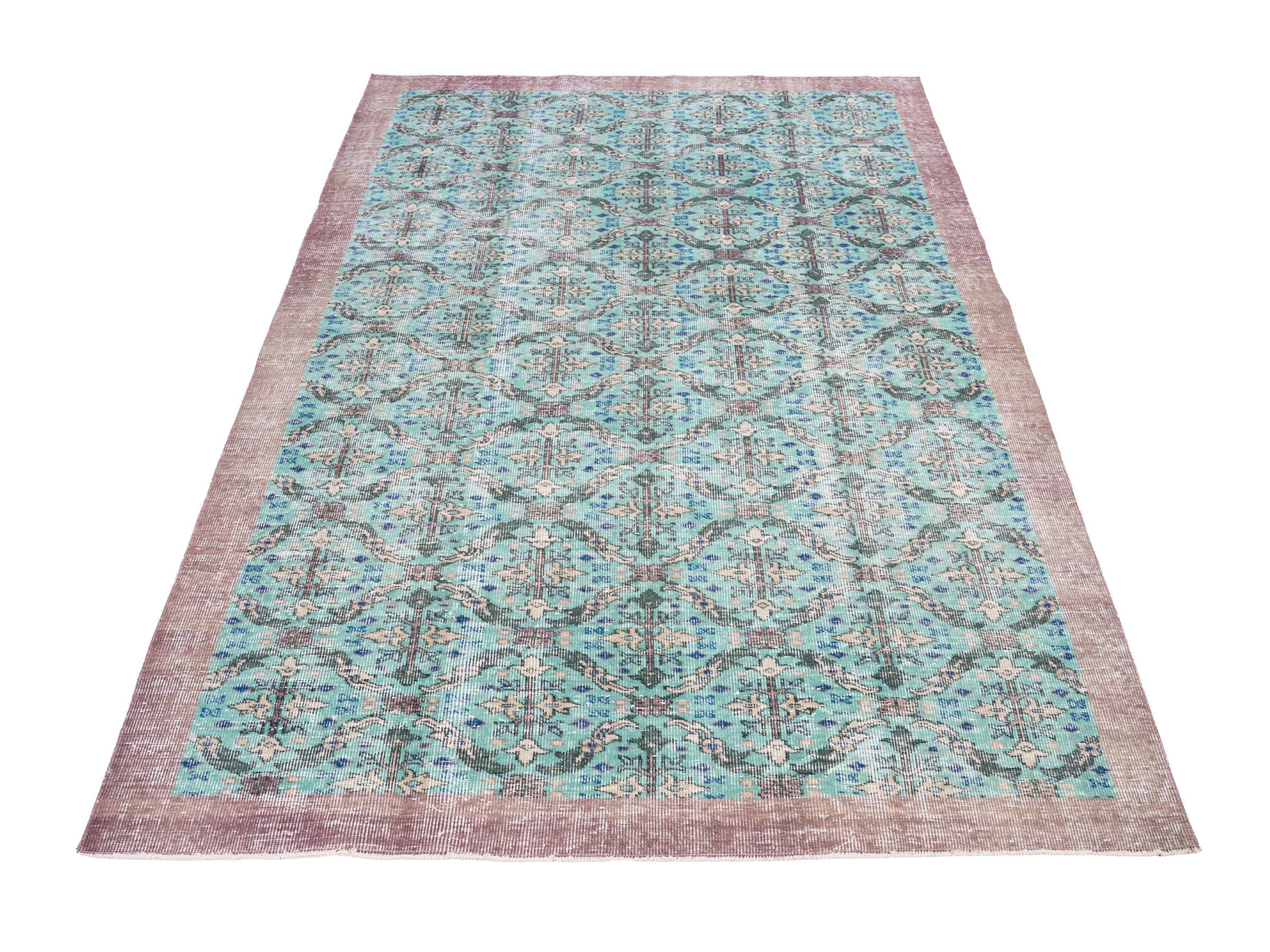 Turkish Isparta area rug in turquoise and muted pink, view 2 of 10