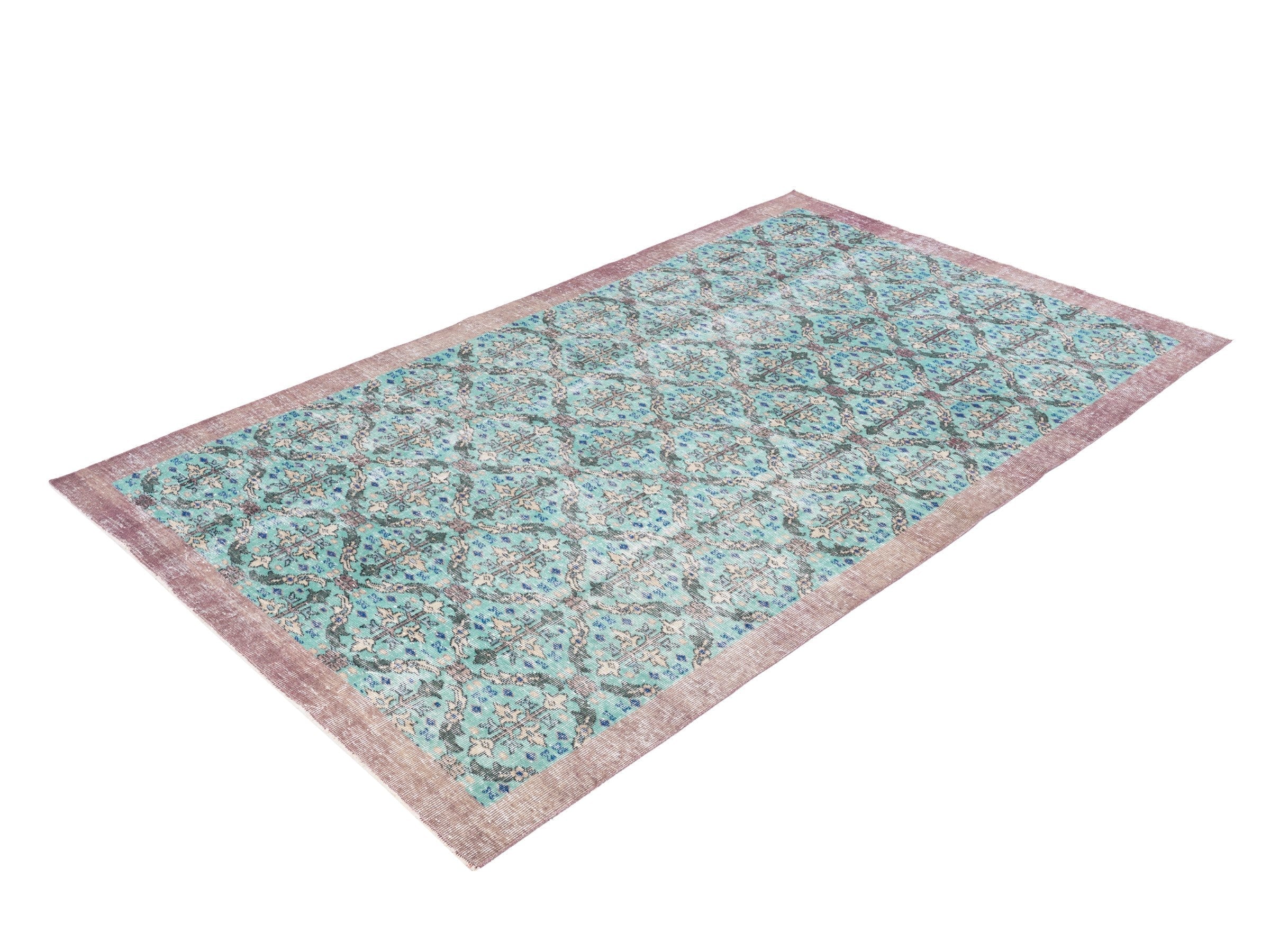 Turkish Isparta area rug in turquoise and muted pink, view 3 of 10