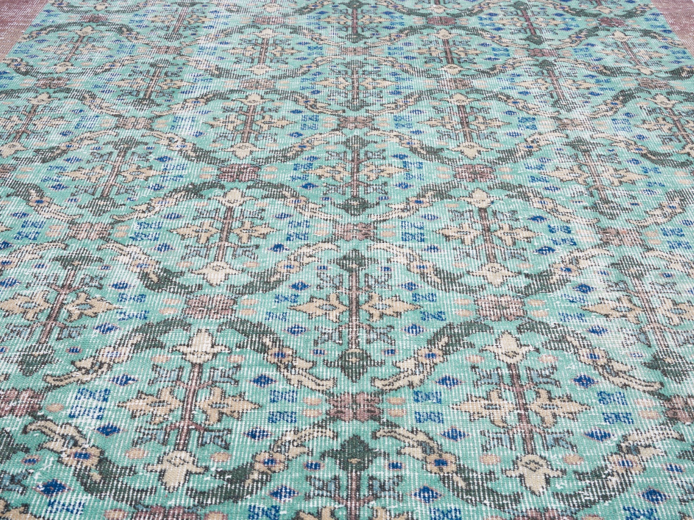 Turkish Isparta area rug in turquoise and muted pink, view 4 of 10