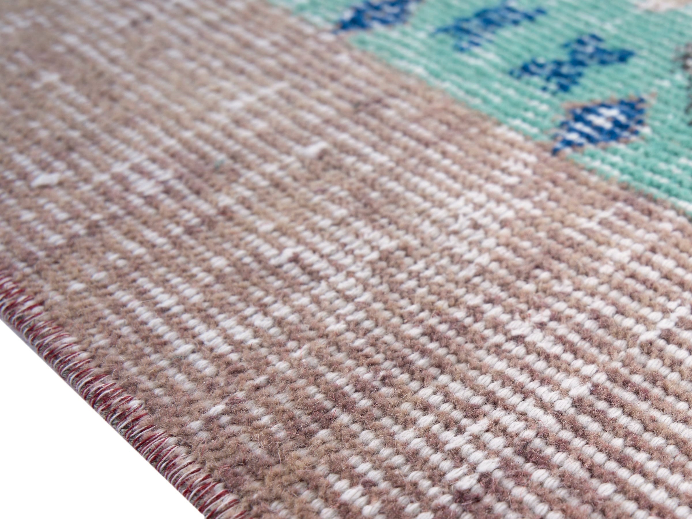 Turkish Isparta area rug in turquoise and muted pink, view 6 of 10