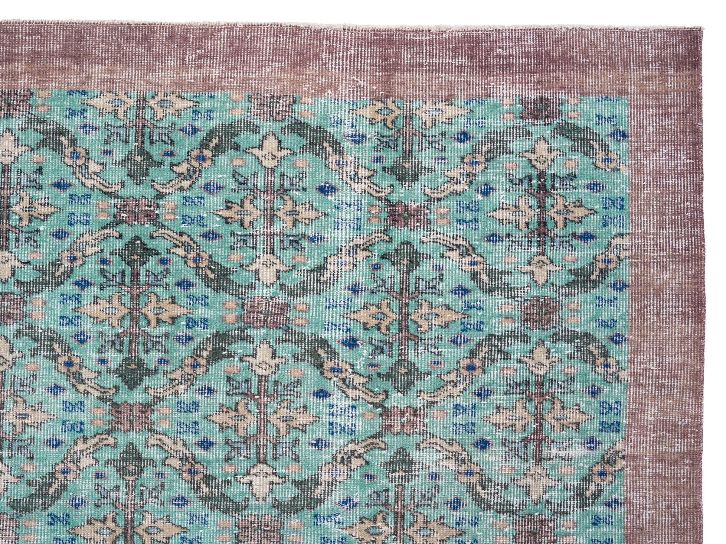 Turkish Isparta area rug in turquoise and muted pink, view 7 of 10