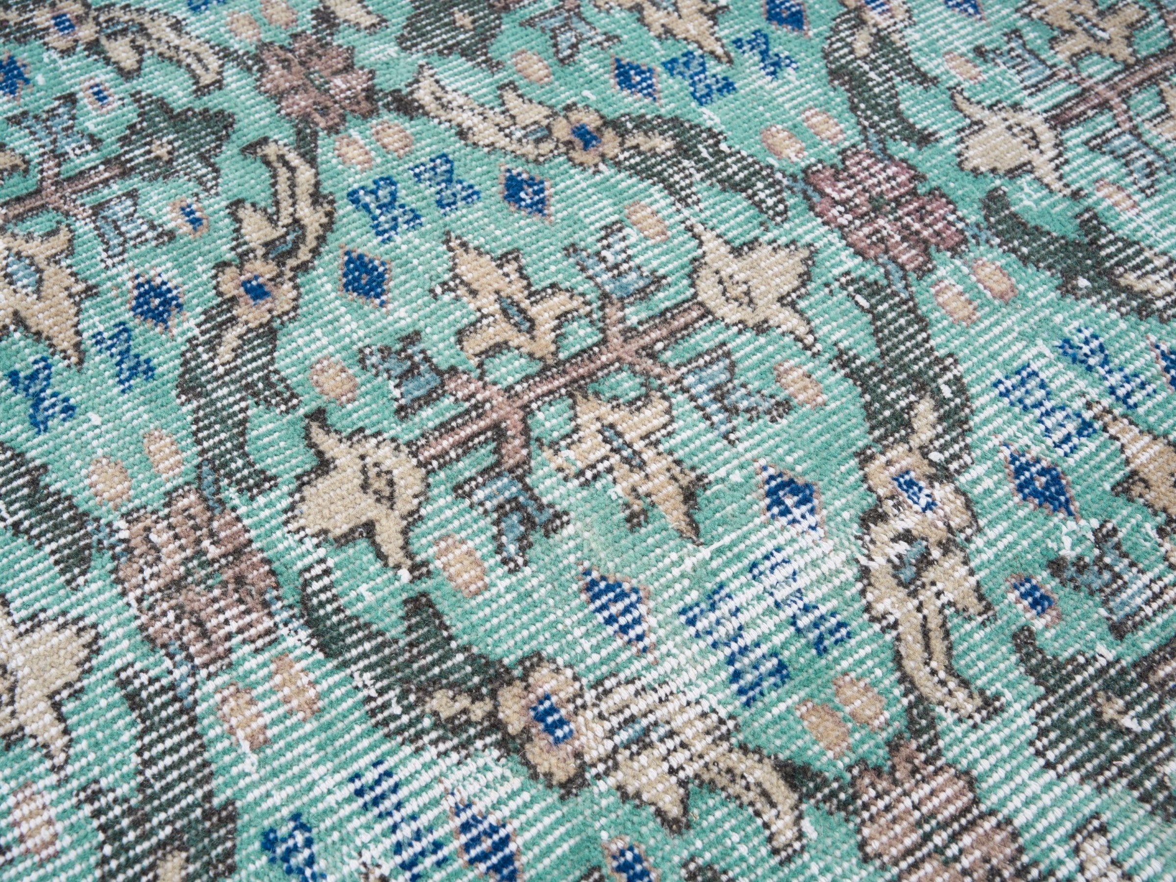Turkish Isparta area rug in turquoise and muted pink, view 8 of 10