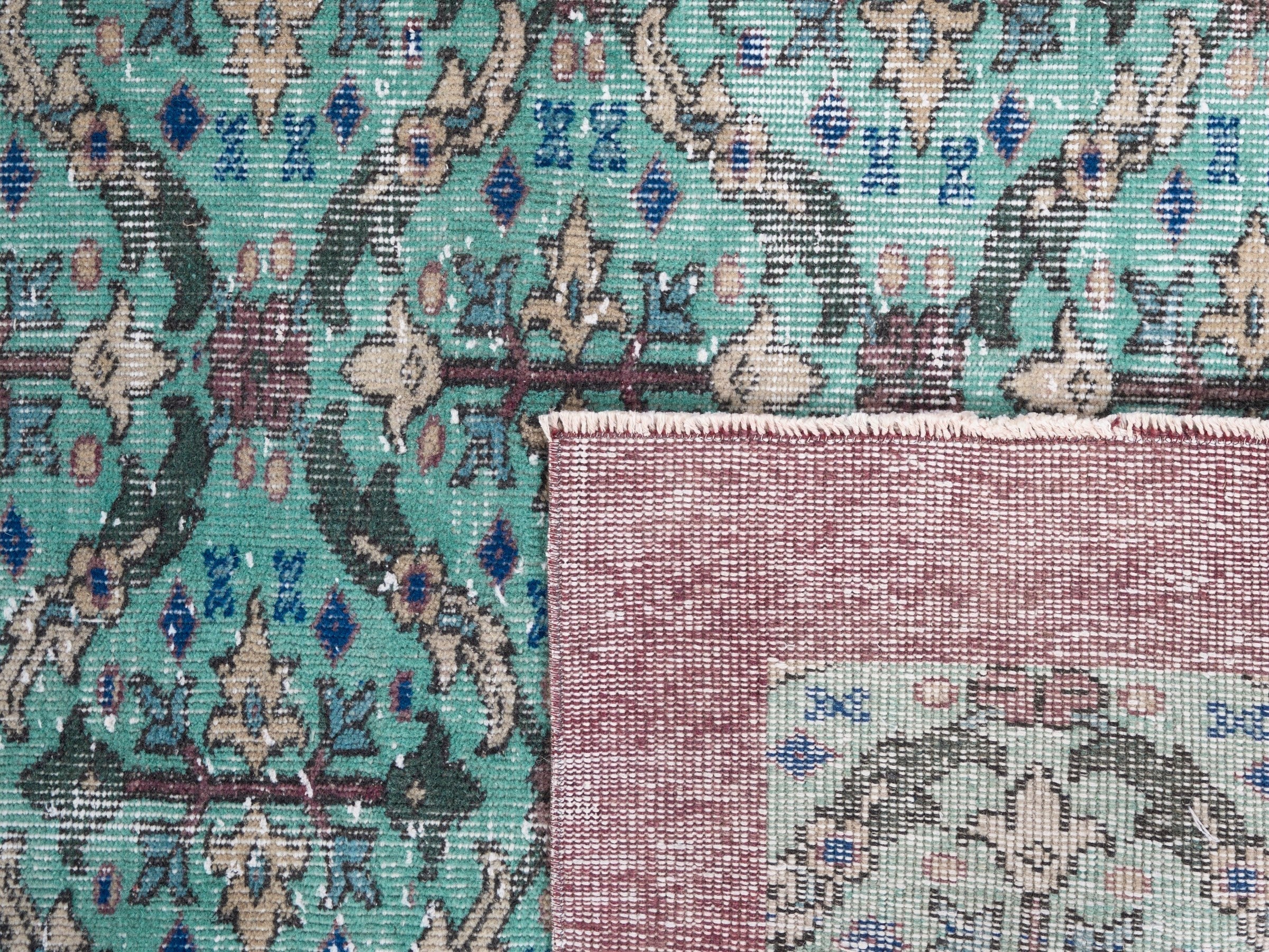 Turkish Isparta area rug in turquoise and muted pink, view 10 of 10