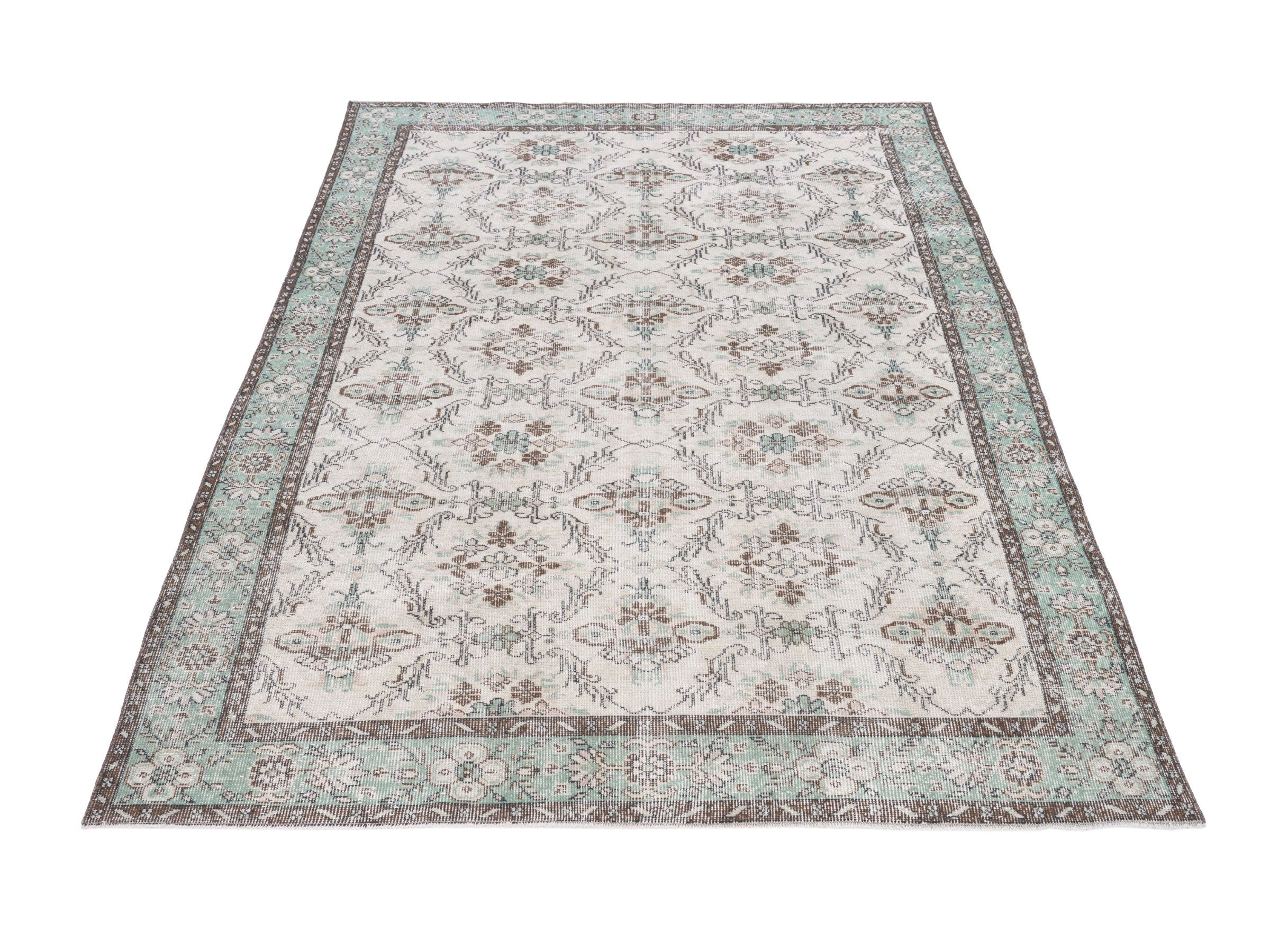 Turkish Isparta area rug in cream and sage, view 2 of 10