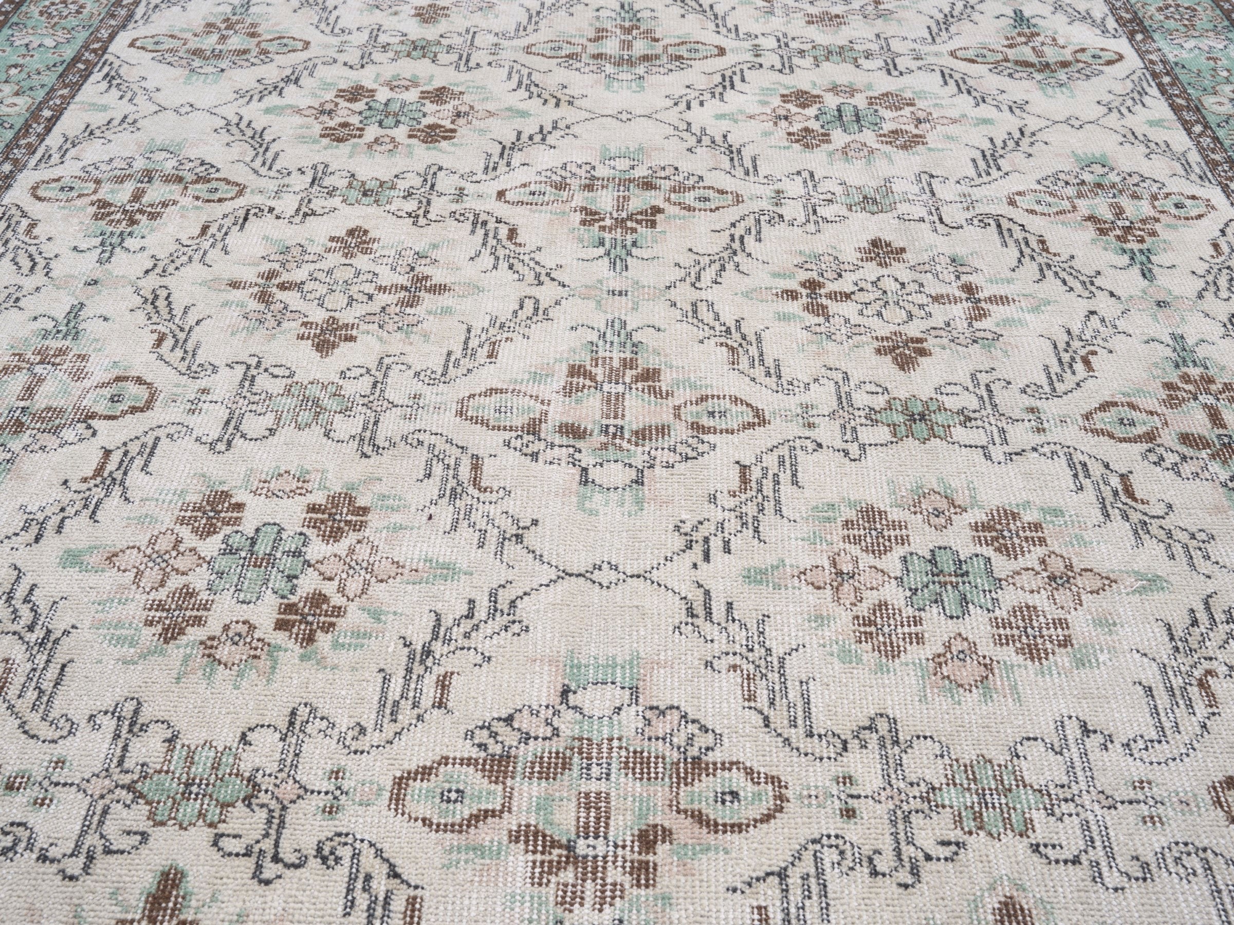 Turkish Isparta area rug in cream and sage, view 4 of 10