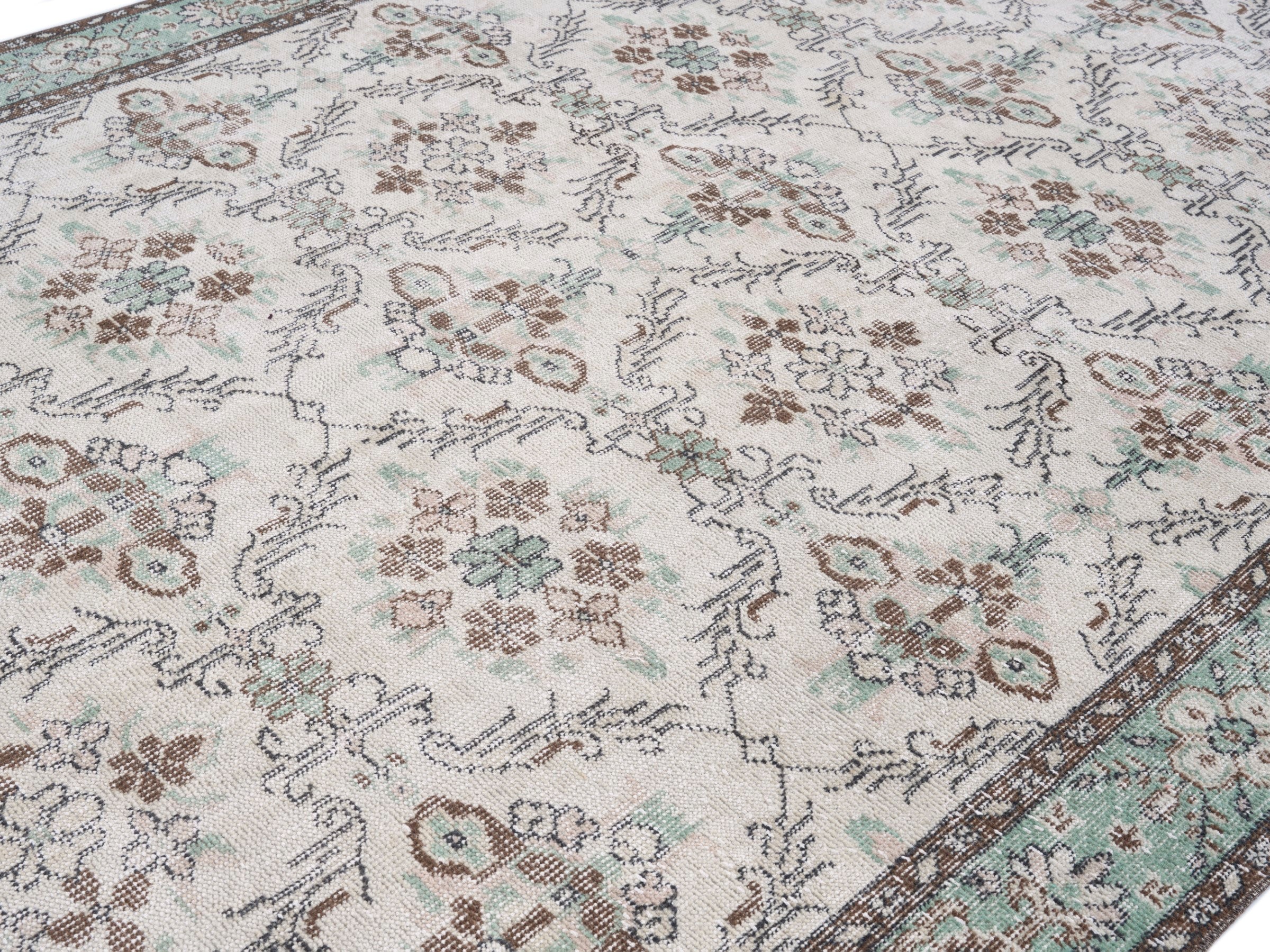 Turkish Isparta area rug in cream and sage, view 5 of 10
