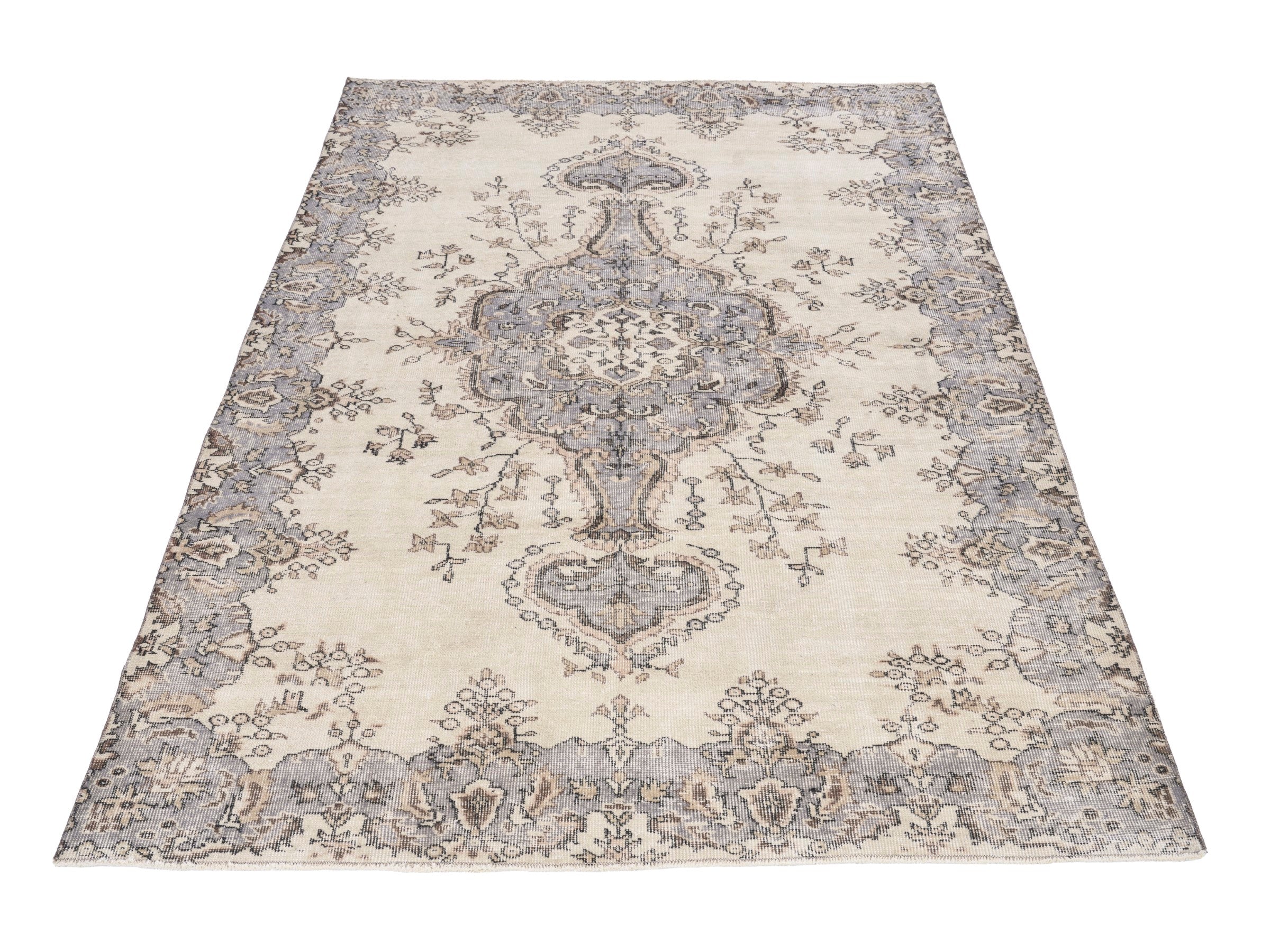 Turkish Isparta area rug in cream and slate blue, view 2 of 10