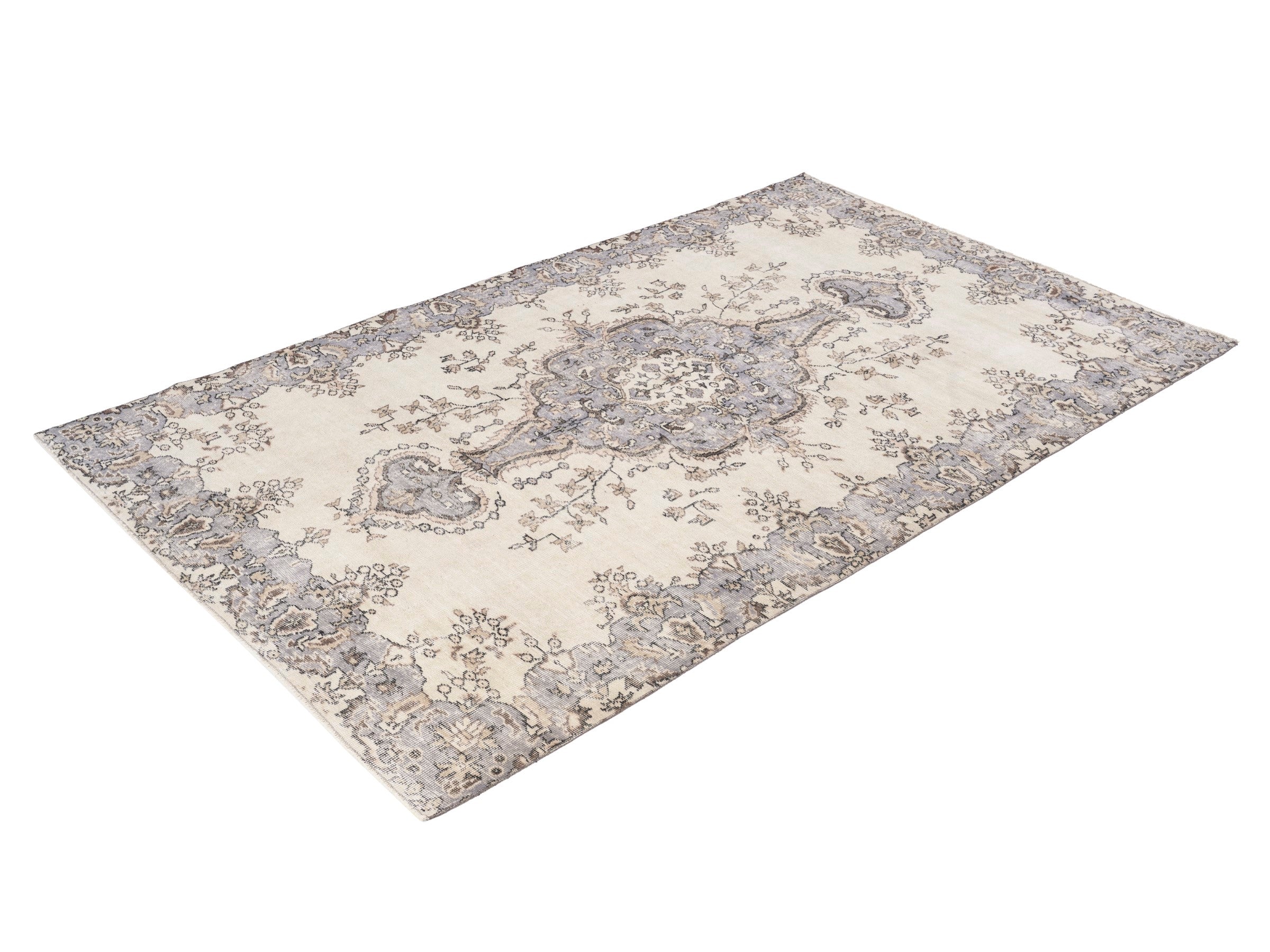 Turkish Isparta area rug in cream and slate blue, view 3 of 10