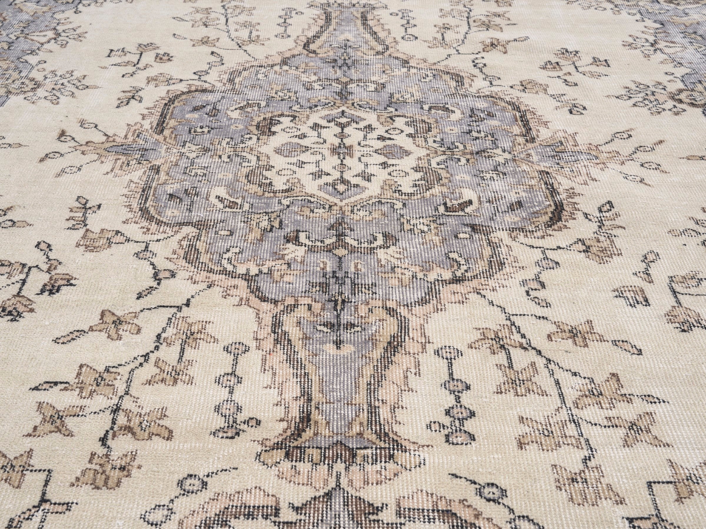 Turkish Isparta area rug in cream and slate blue, view 4 of 10