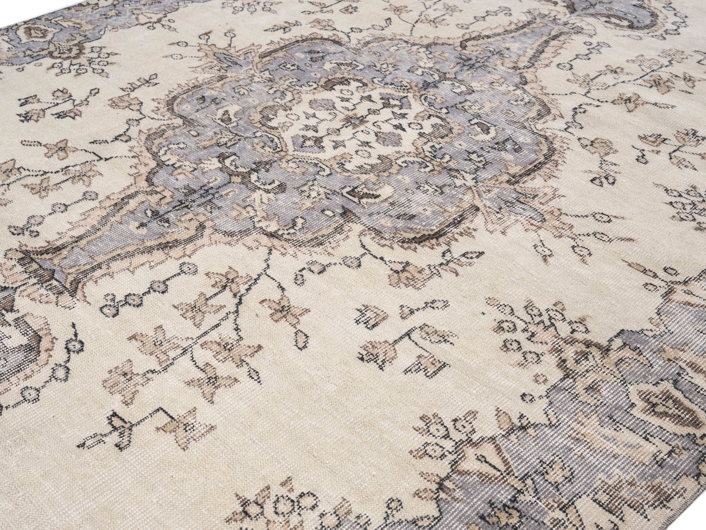 Turkish Isparta area rug in cream and slate blue, view 5 of 10
