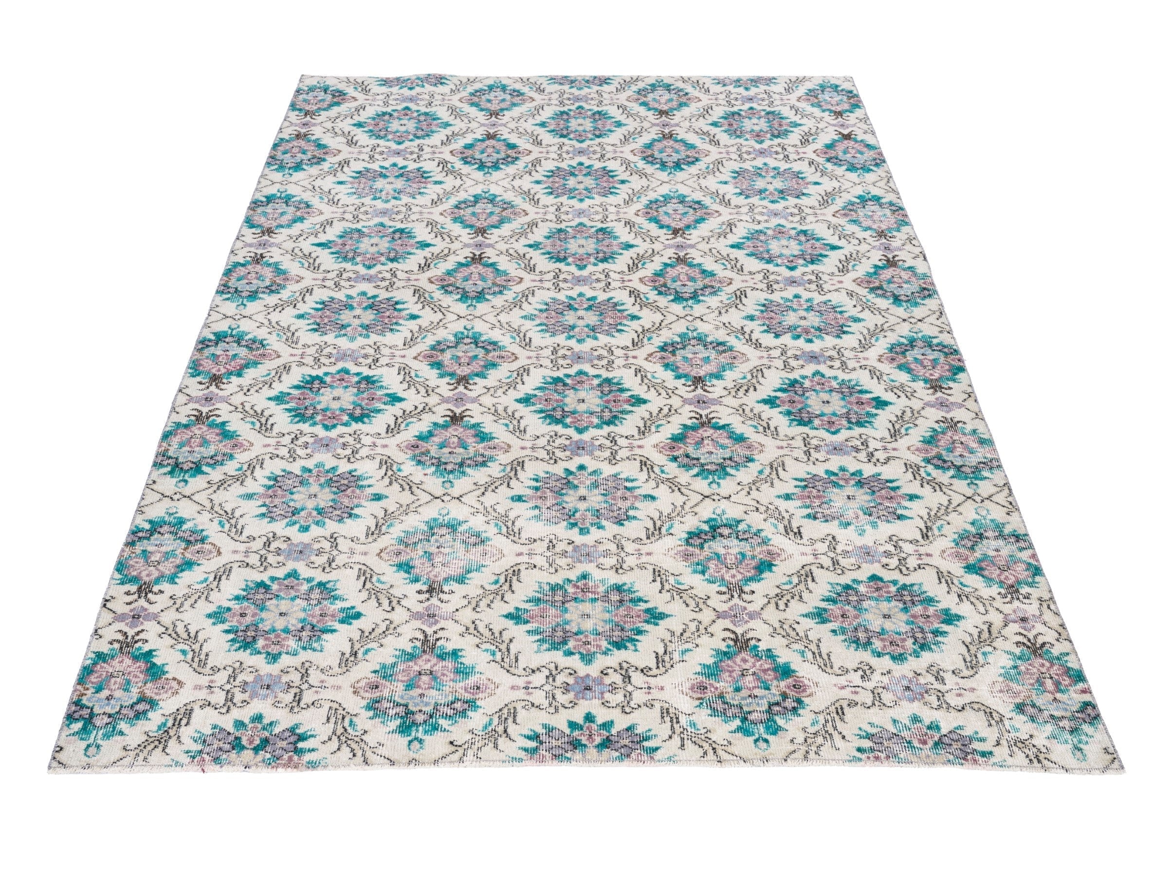 Turkish Isparta area rug in cream and turquoise, view 2 of 10