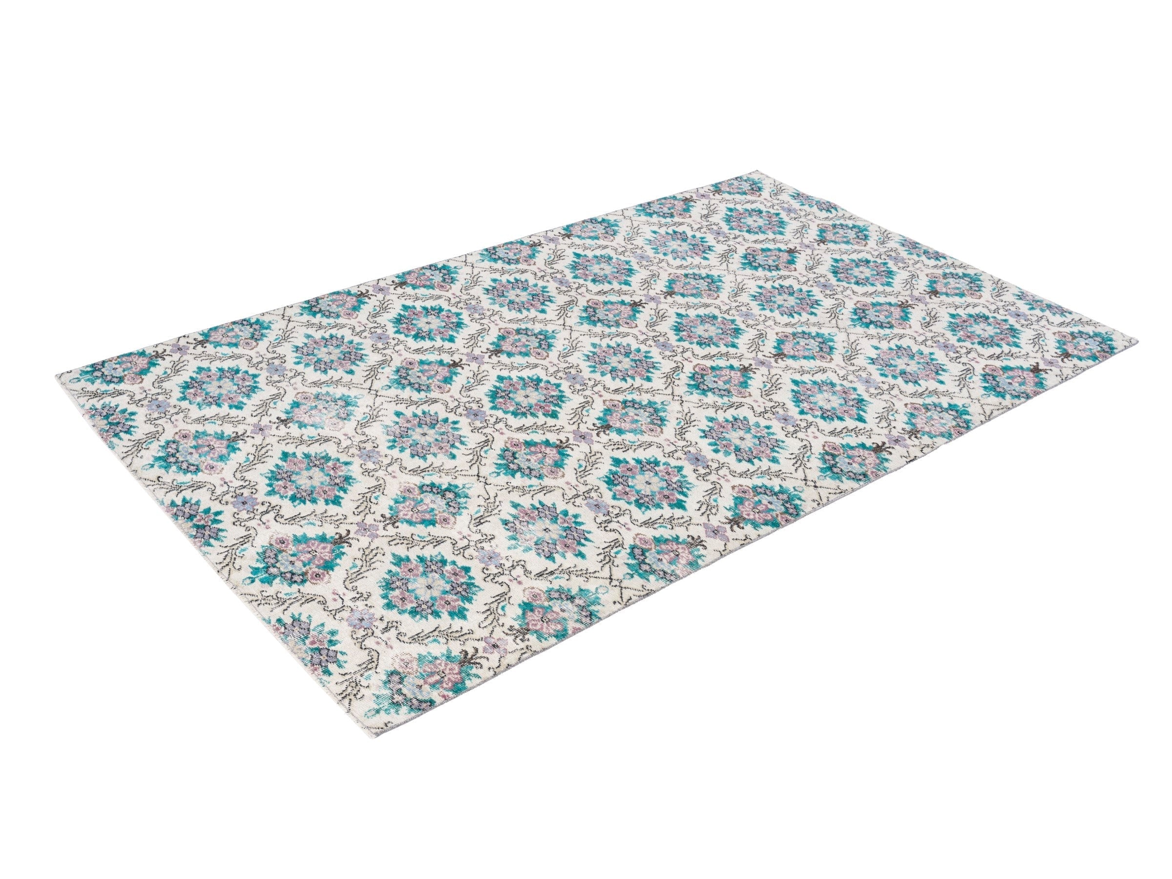 Turkish Isparta area rug in cream and turquoise, view 3 of 10
