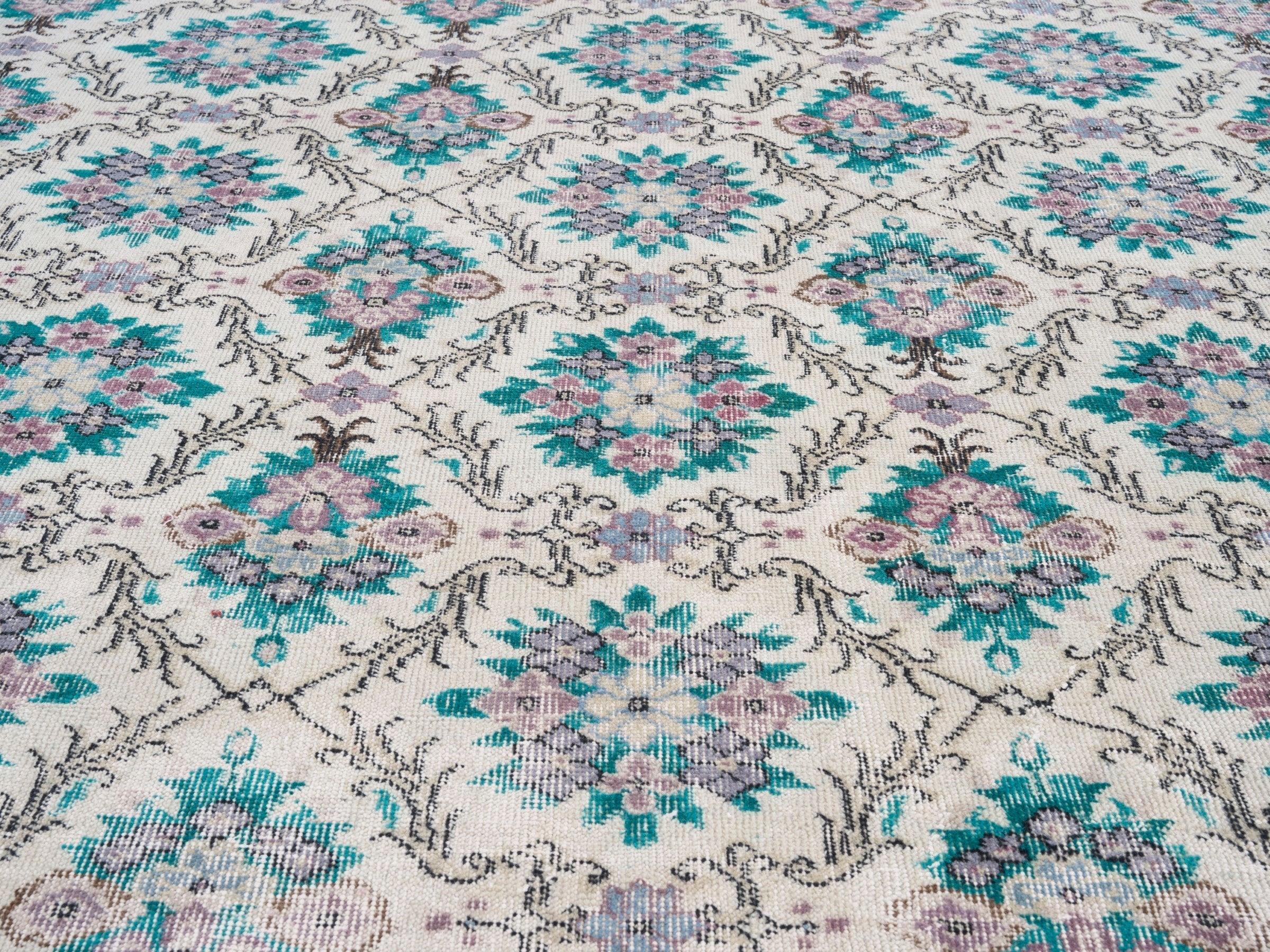 Turkish Isparta area rug in cream and turquoise, view 4 of 10