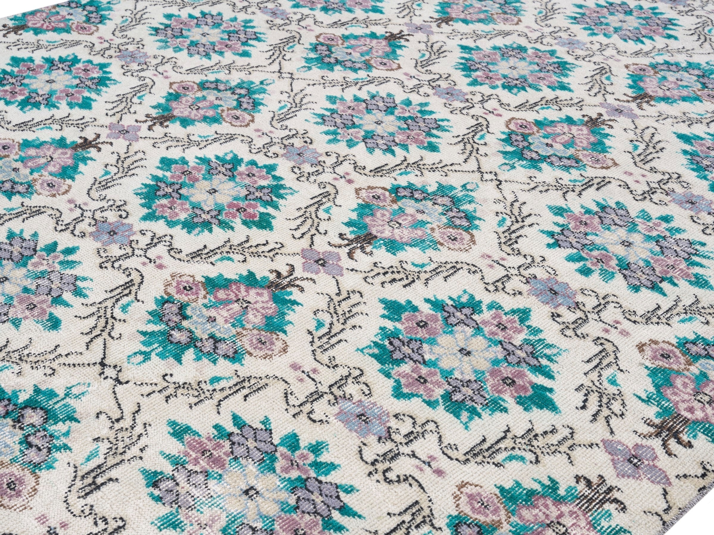 Turkish Isparta area rug in cream and turquoise, view 5 of 10