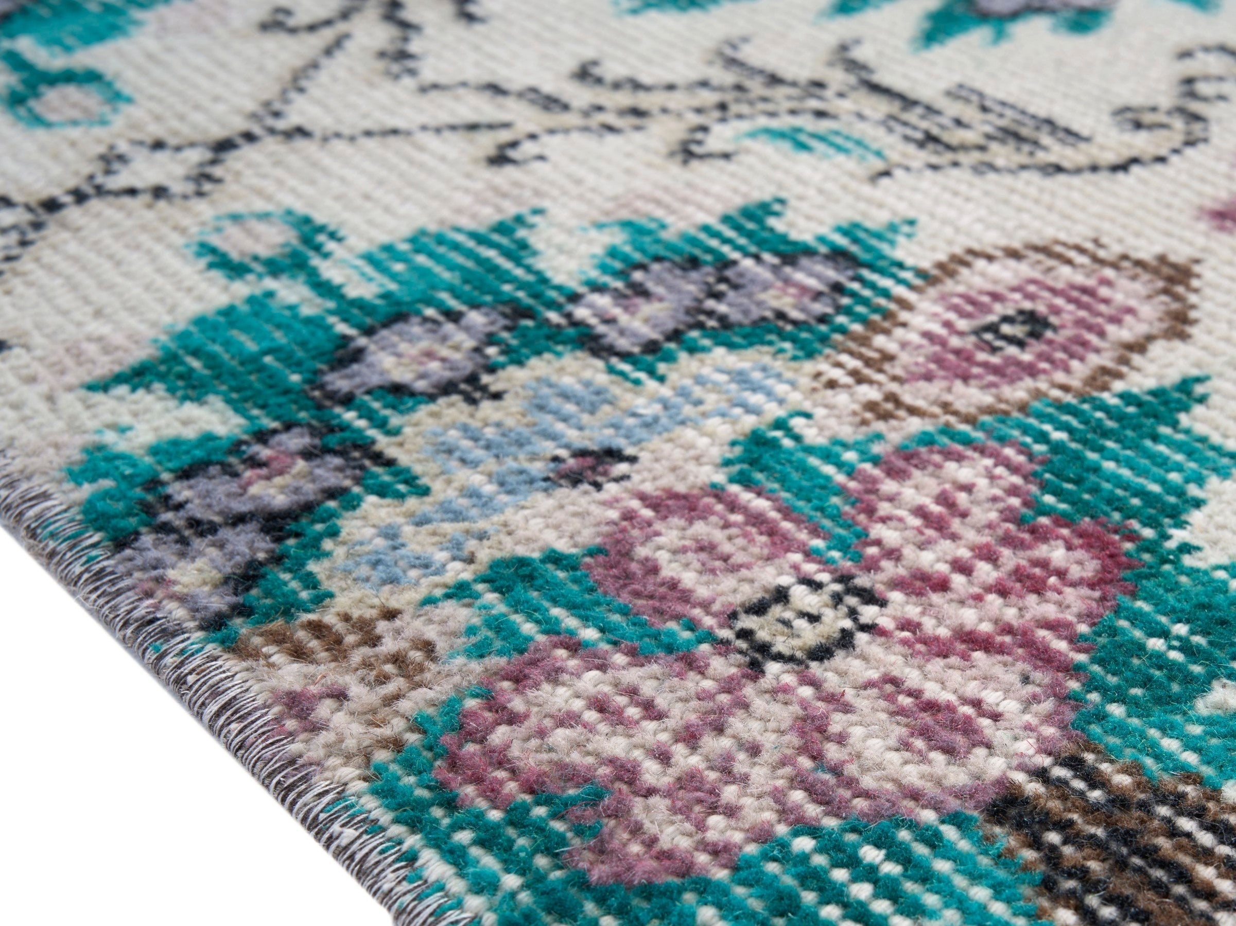 Turkish Isparta area rug in cream and turquoise, view 6 of 10