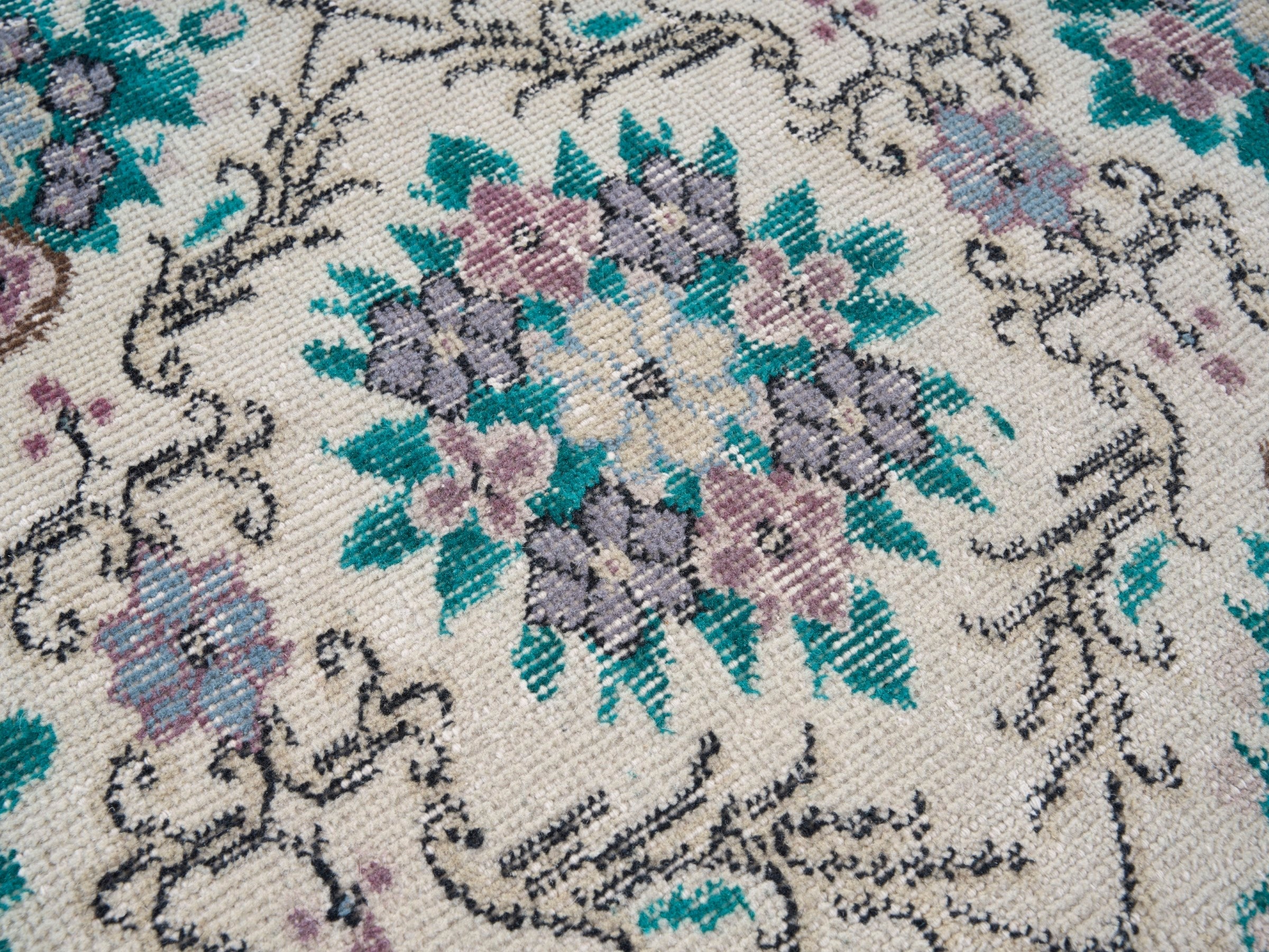 Turkish Isparta area rug in cream and turquoise, view 7 of 10