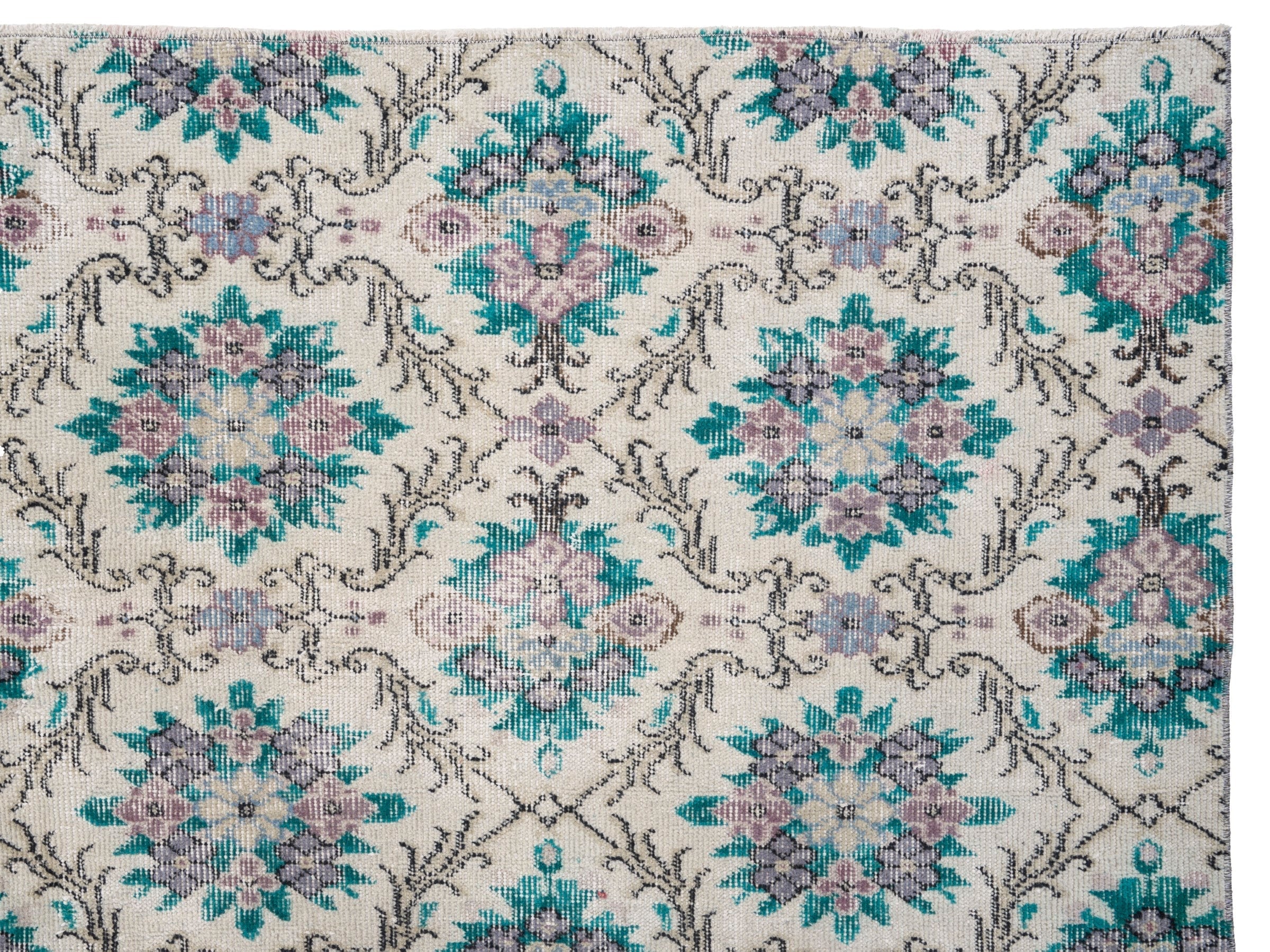 Turkish Isparta area rug in cream and turquoise, view 8 of 10