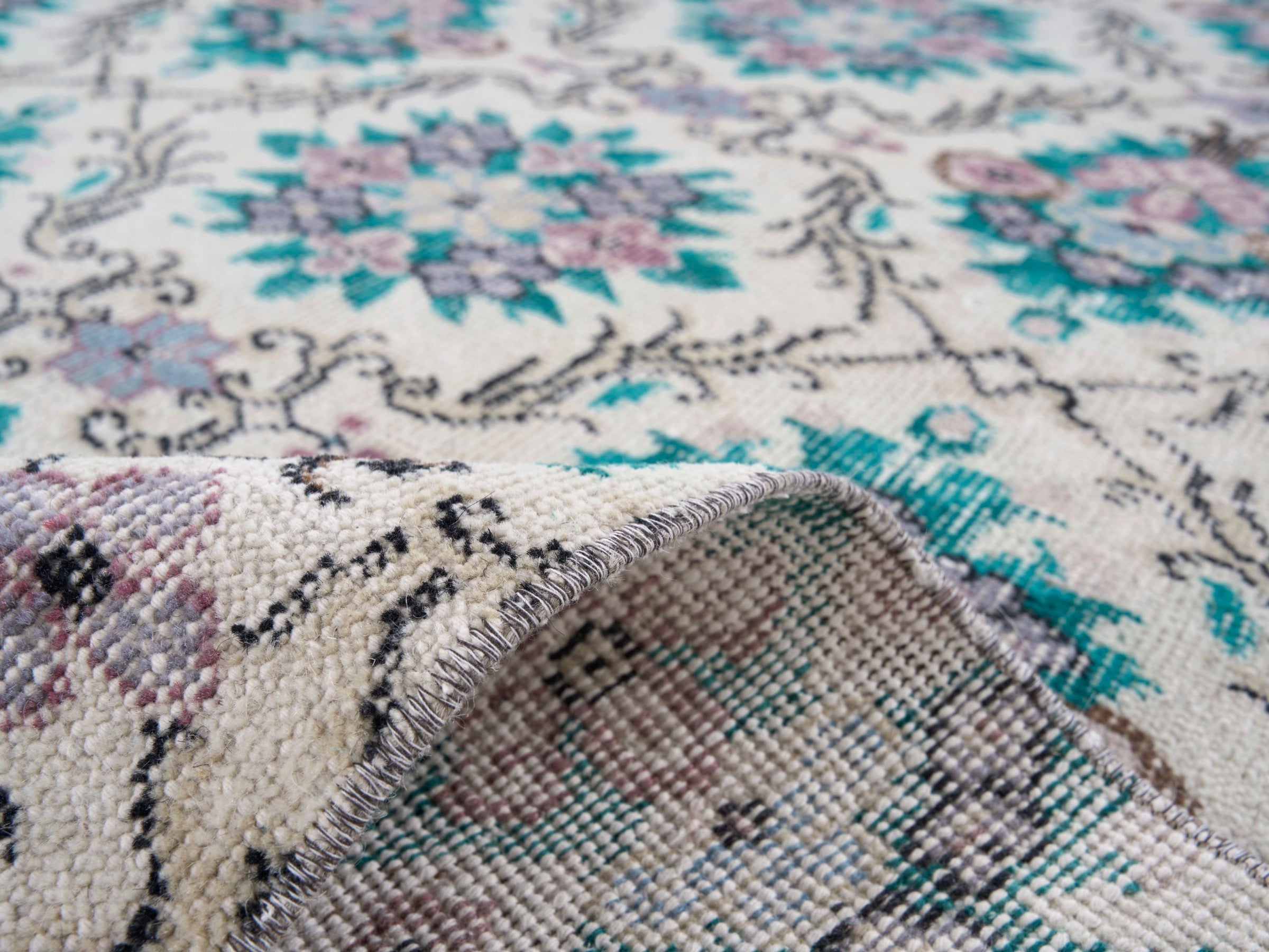 Turkish Isparta area rug in cream and turquoise, view 9 of 10