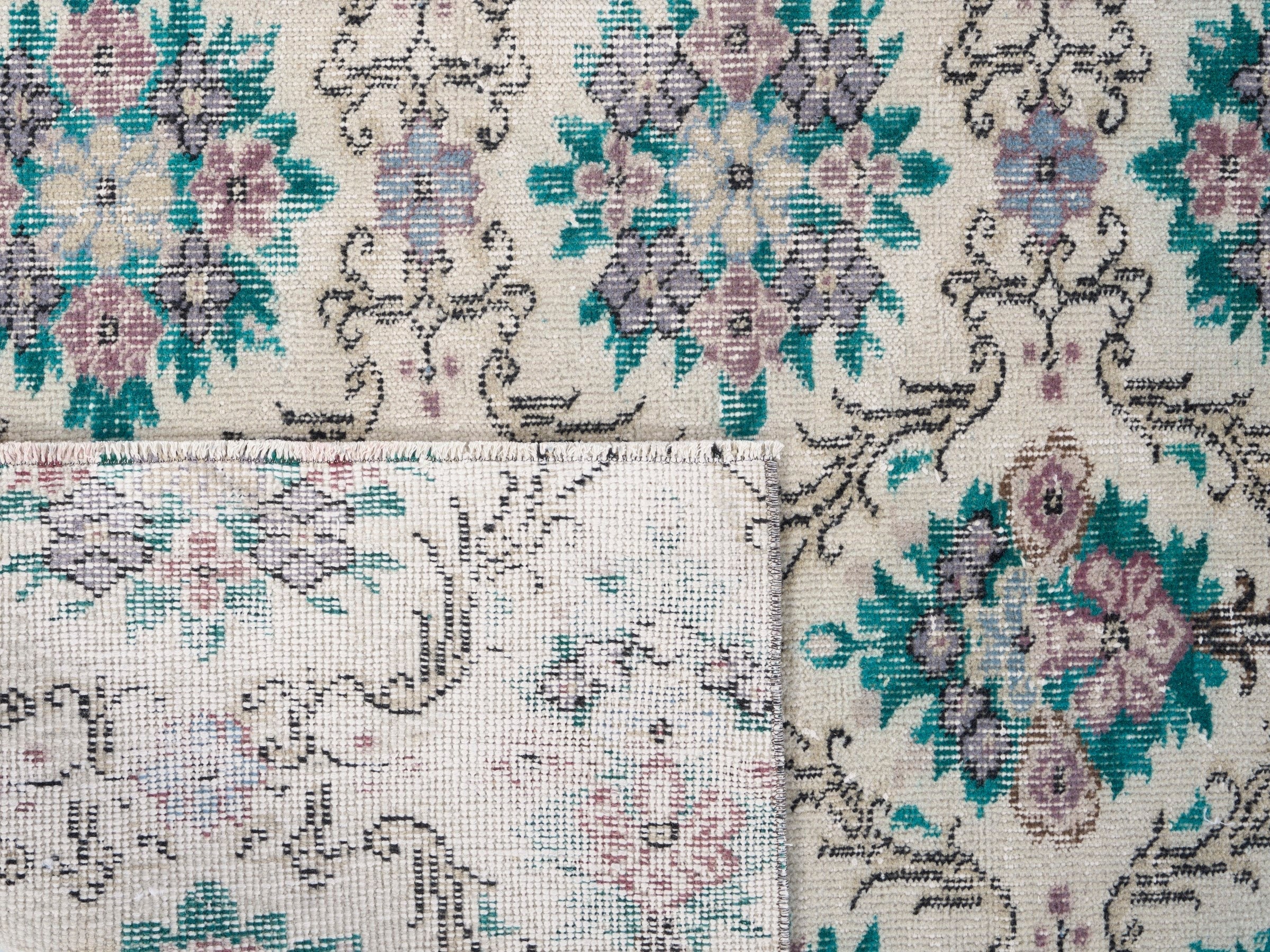 Turkish Isparta area rug in cream and turquoise, view 10 of 10