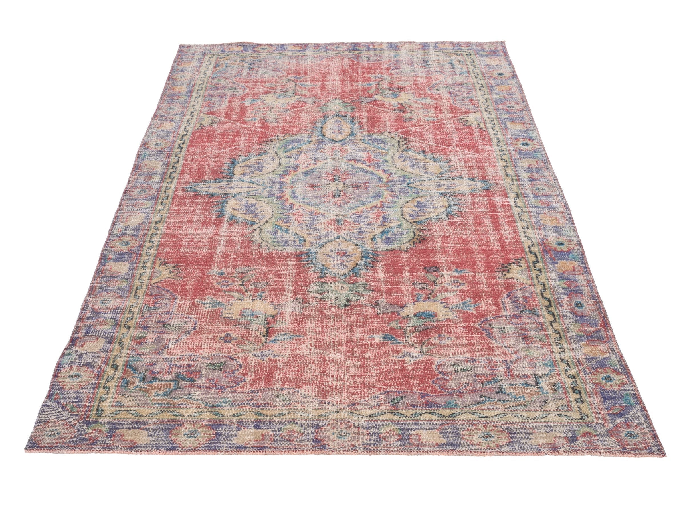 Turkish Manisa area rug in faded red and slate blue, view 2 of 10