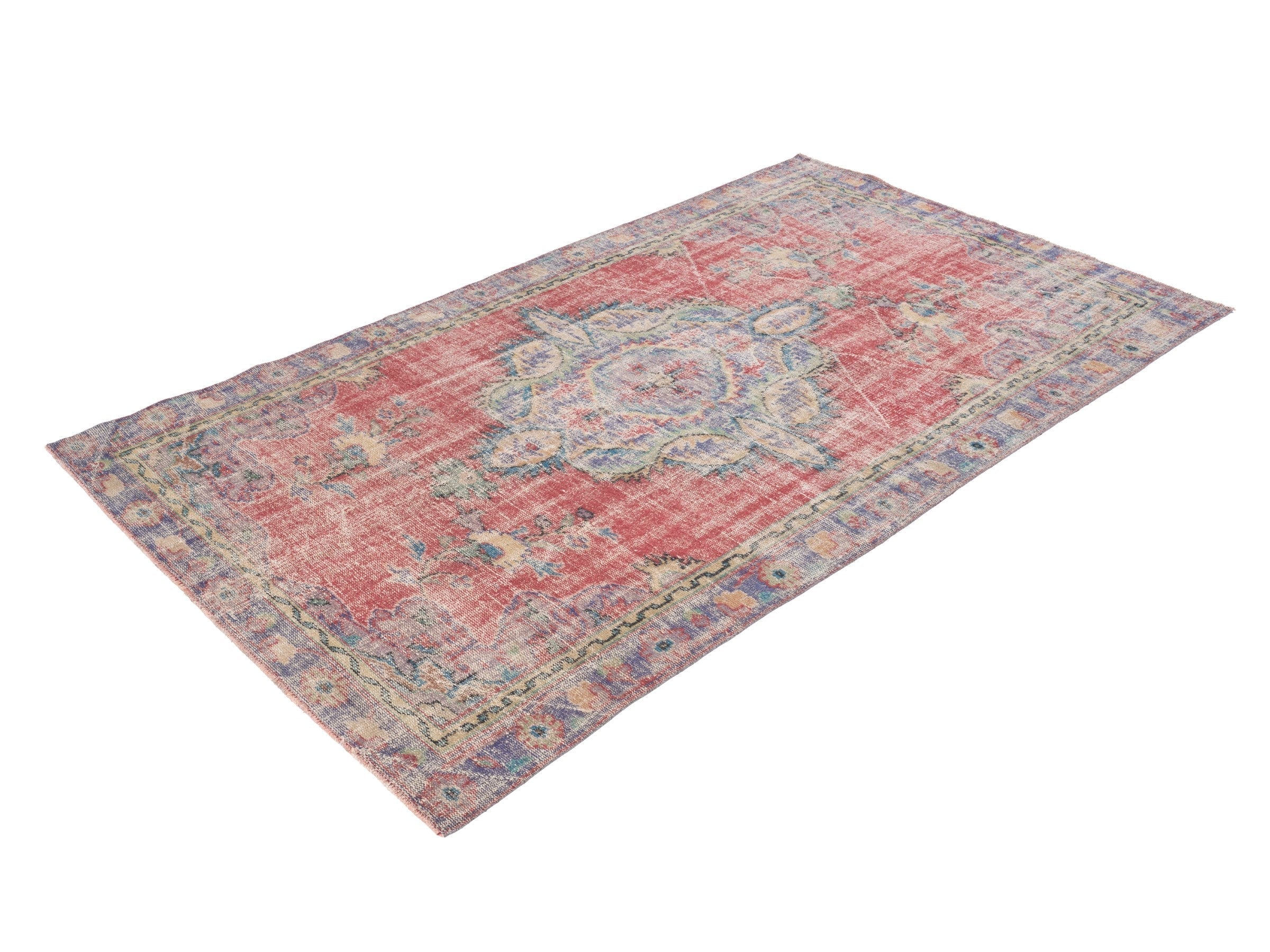 Turkish Manisa area rug in faded red and slate blue, view 3 of 10