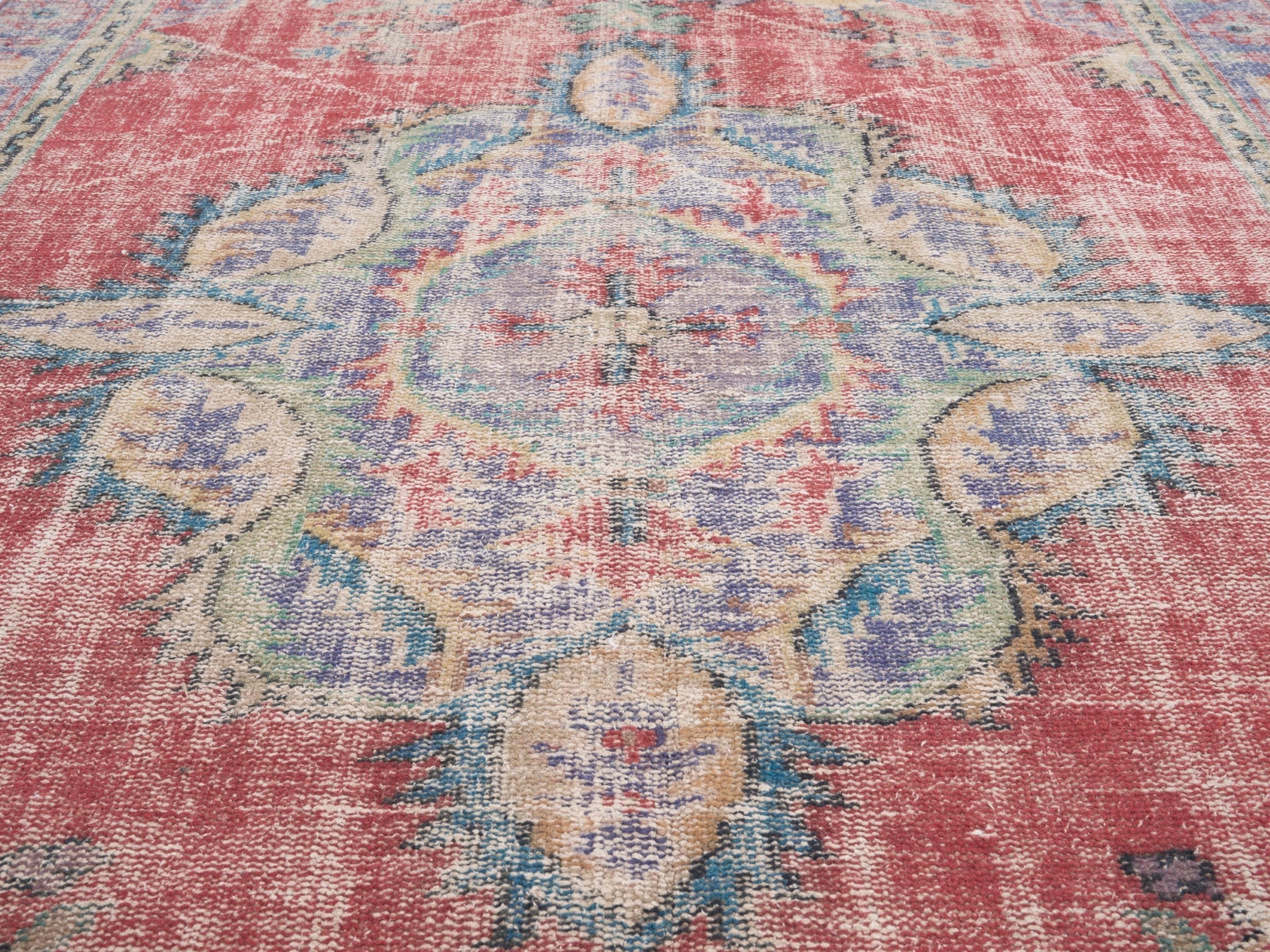 Turkish Manisa area rug in faded red and slate blue, view 4 of 10