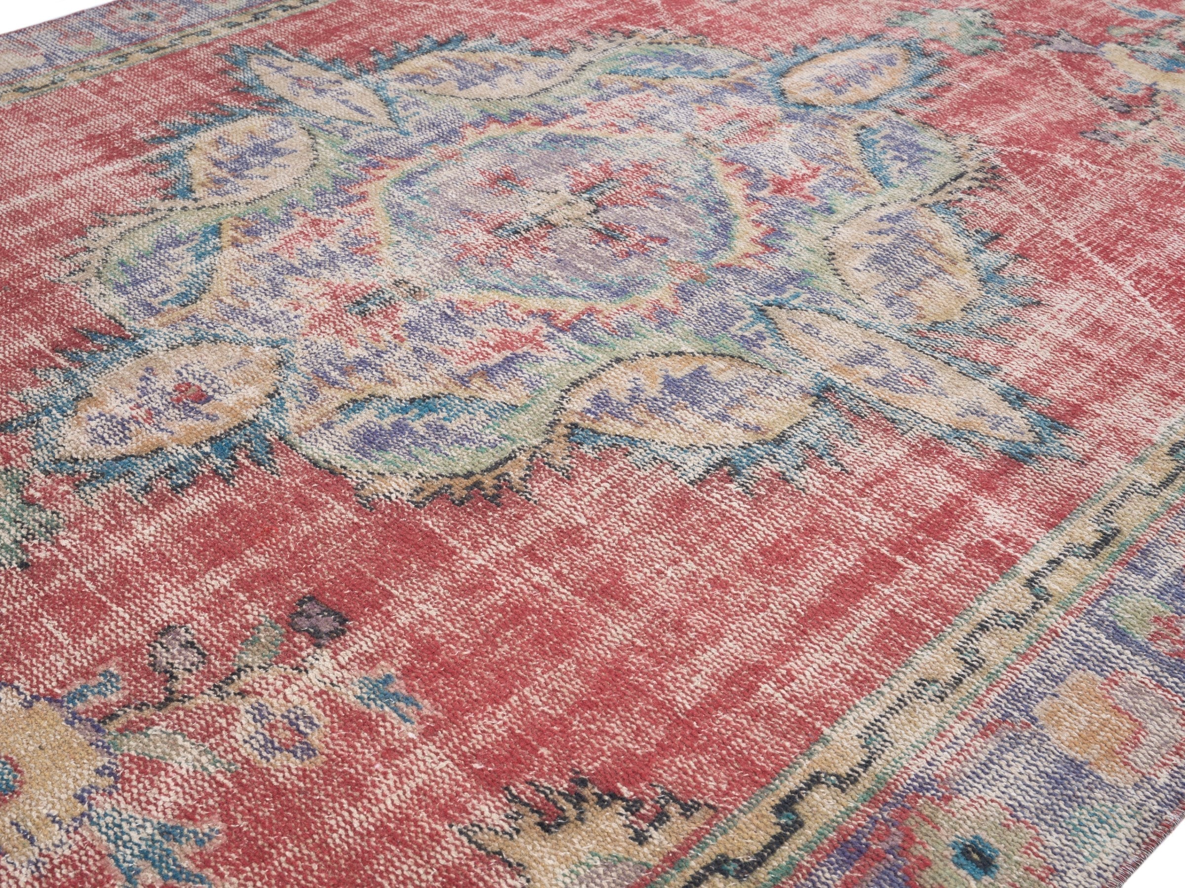Turkish Manisa area rug in faded red and slate blue, view 5 of 10