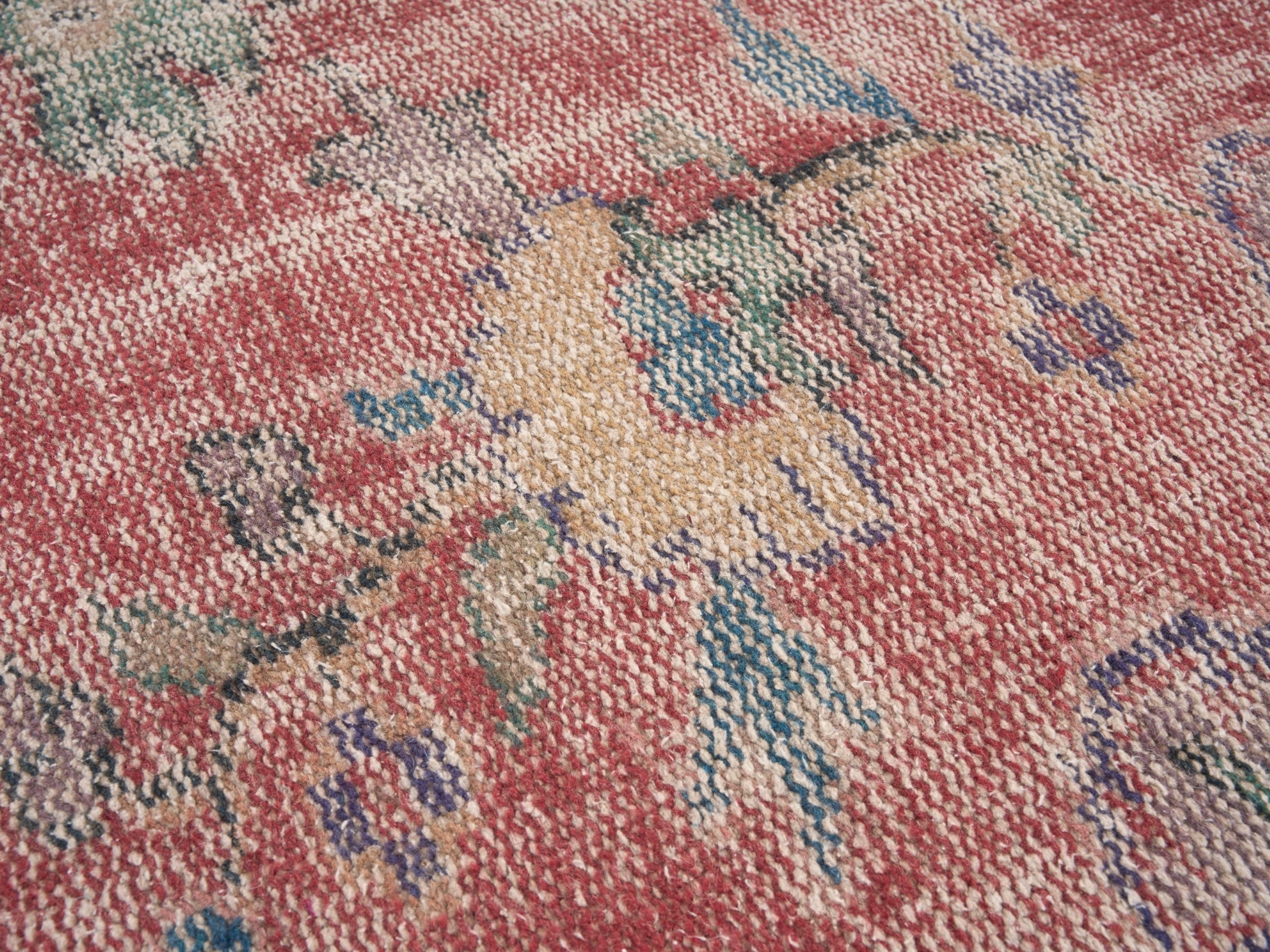 Turkish Manisa area rug in faded red and slate blue, view 7 of 10