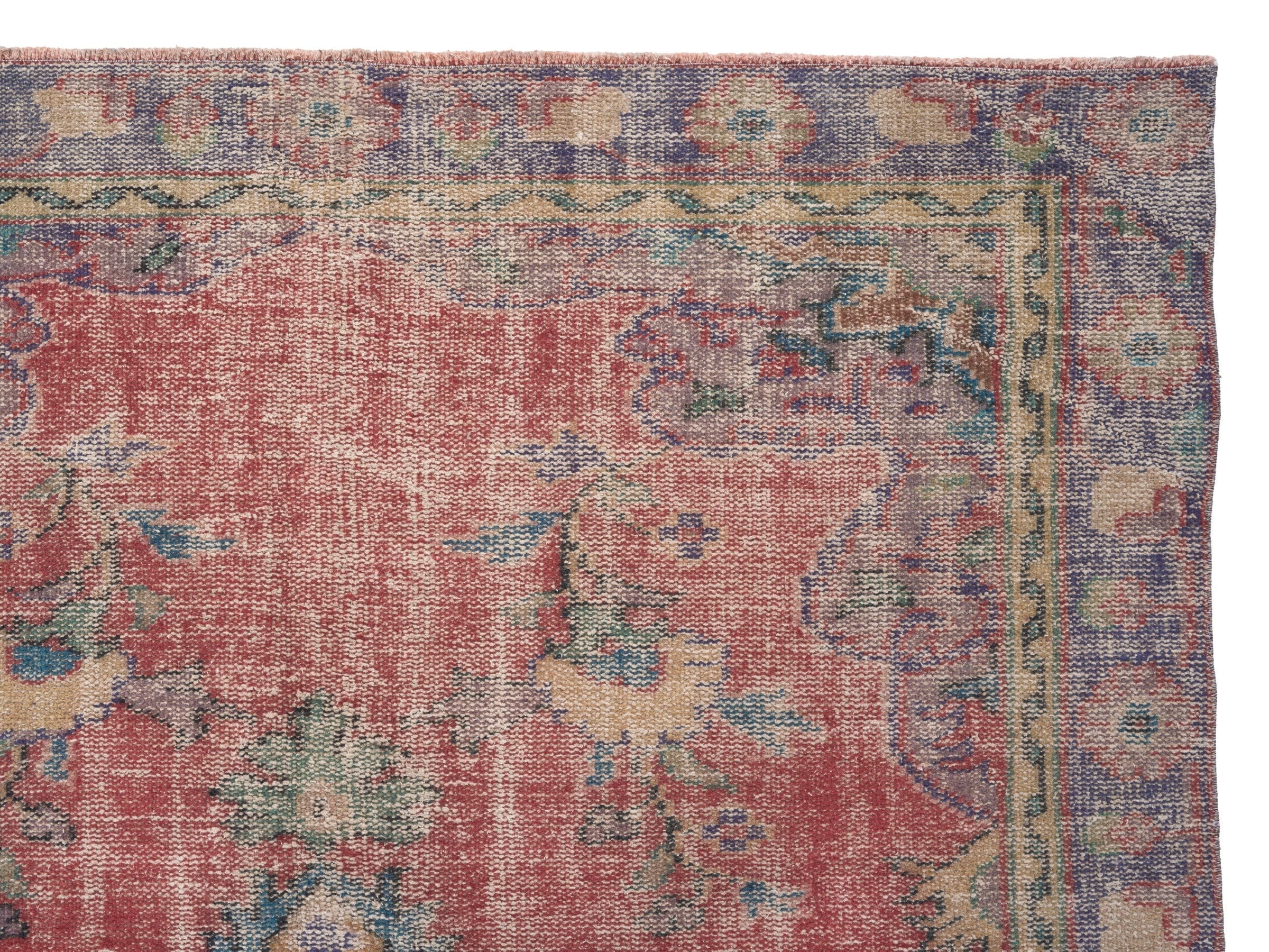 Turkish Manisa area rug in faded red and slate blue, view 8 of 10