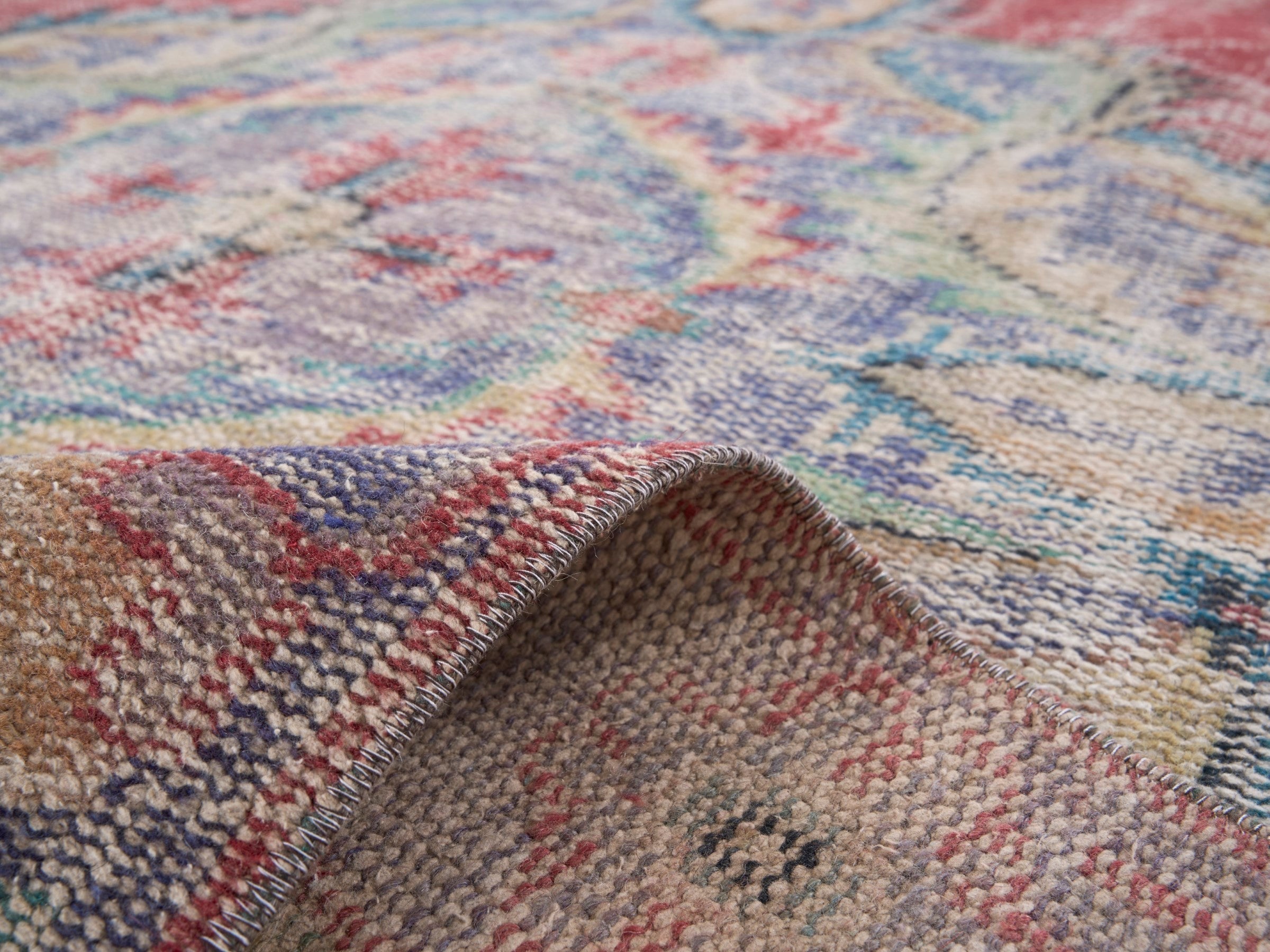 Turkish Manisa area rug in faded red and slate blue, view 9 of 10