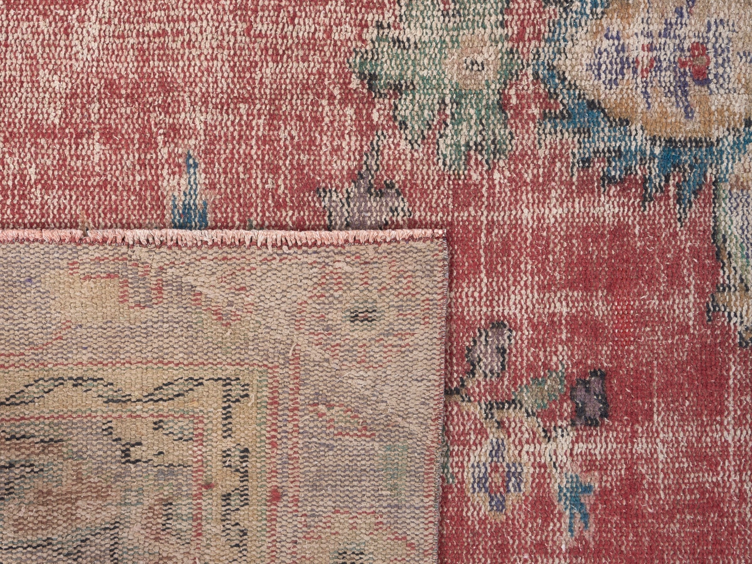 Turkish Manisa area rug in faded red and slate blue, view 10 of 10