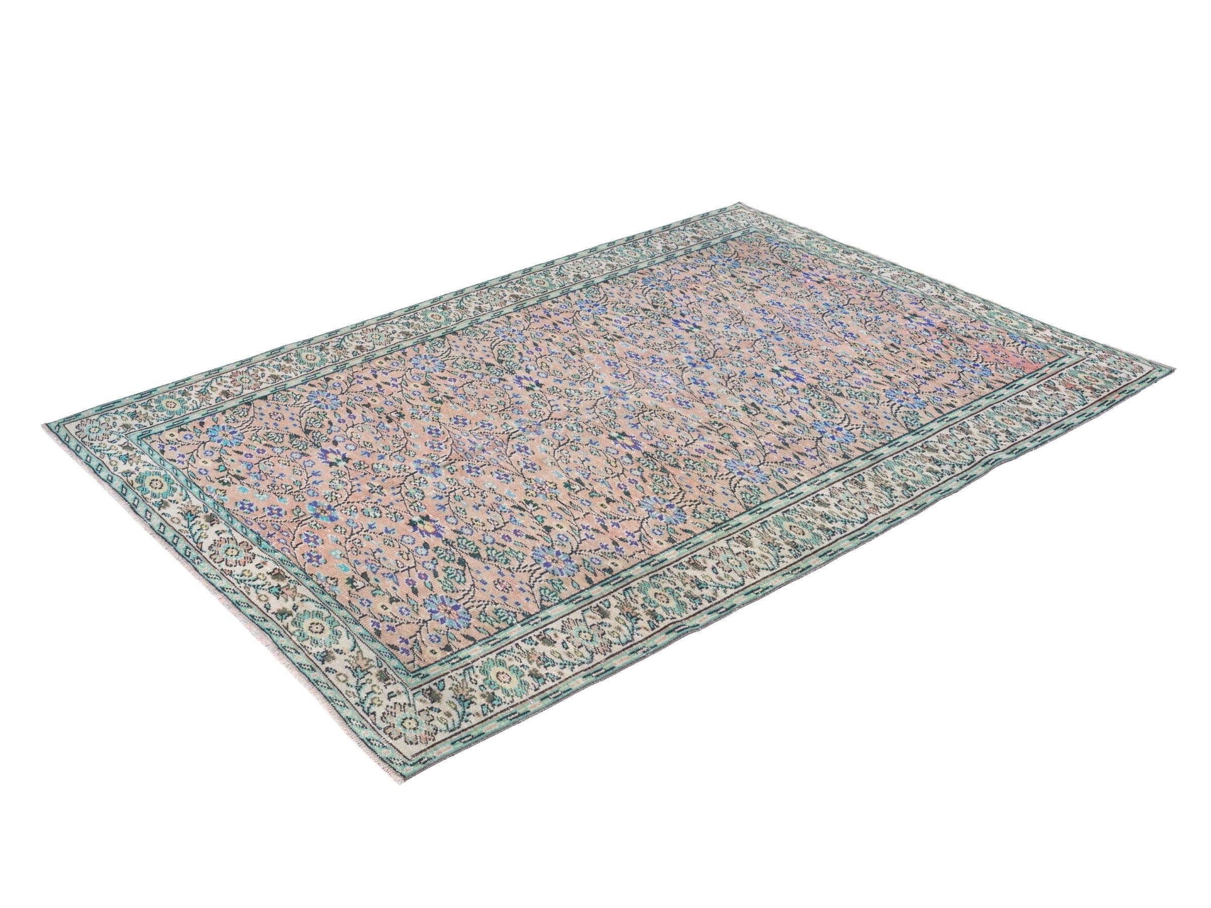 Turkish Manisa area rug in dusty rose and sage, view 3 of 10
