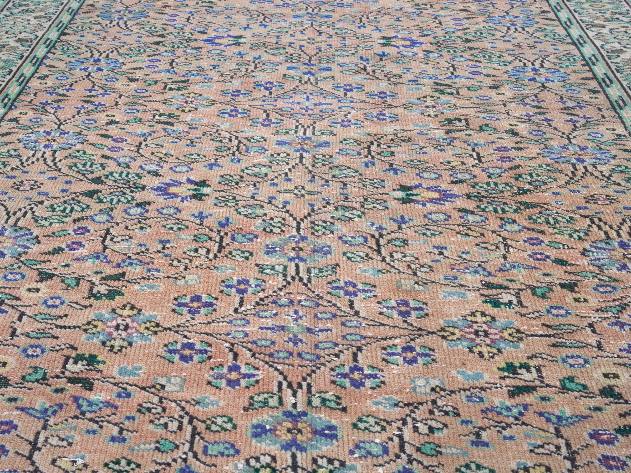 Turkish Manisa area rug in dusty rose and sage, view 4 of 10